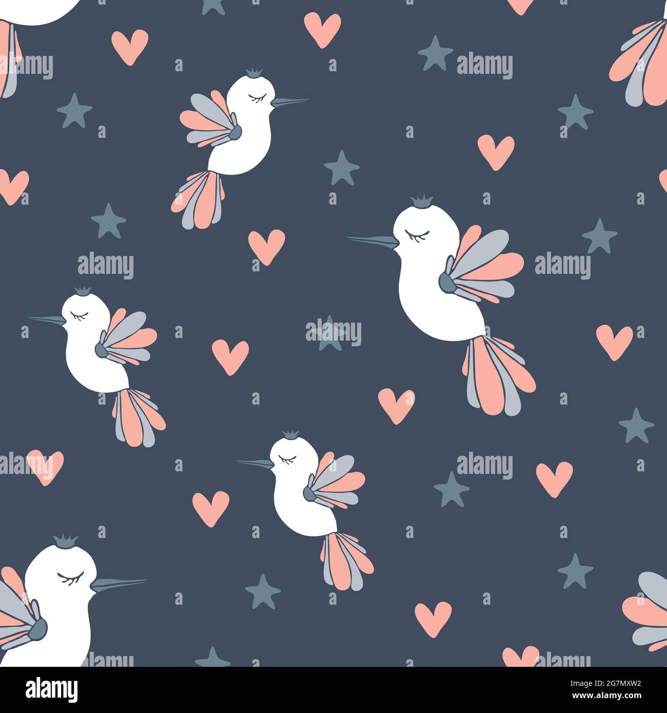 Seamless vector pattern with love birds and stars on blue background. Cute dreaming animal wallpaper design pastel colours. Stock Vector