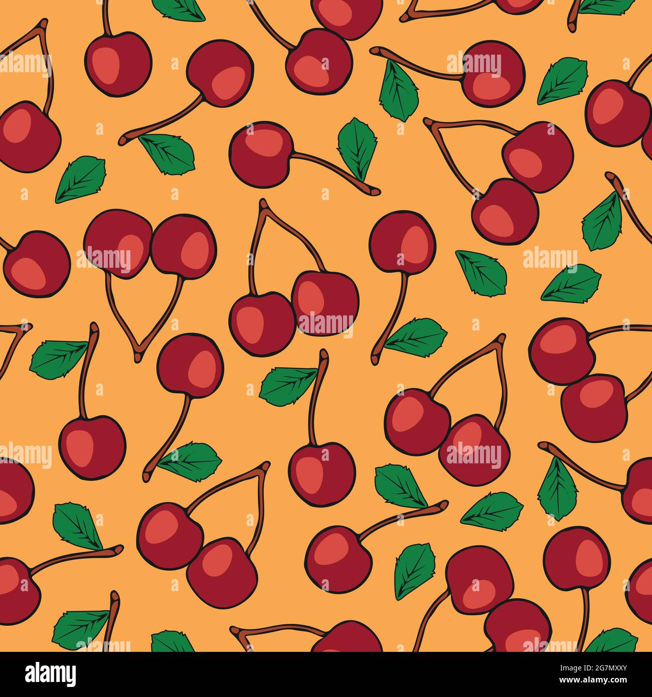 Seamless vector pattern with cherries on light orange background. Fresh summer wallpaper design with fruit. Stock Vector