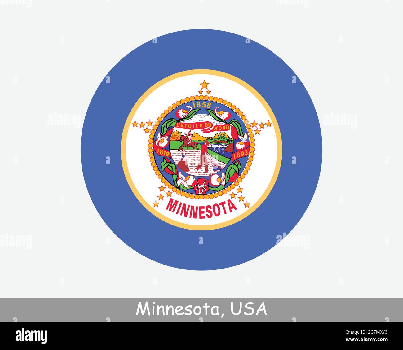 Minnesota Round Circle Flag. MN USA State Circular Button Banner Icon. Minnesota United States of America State Flag. Land of 10,000 Lakes, North Star Stock Vector