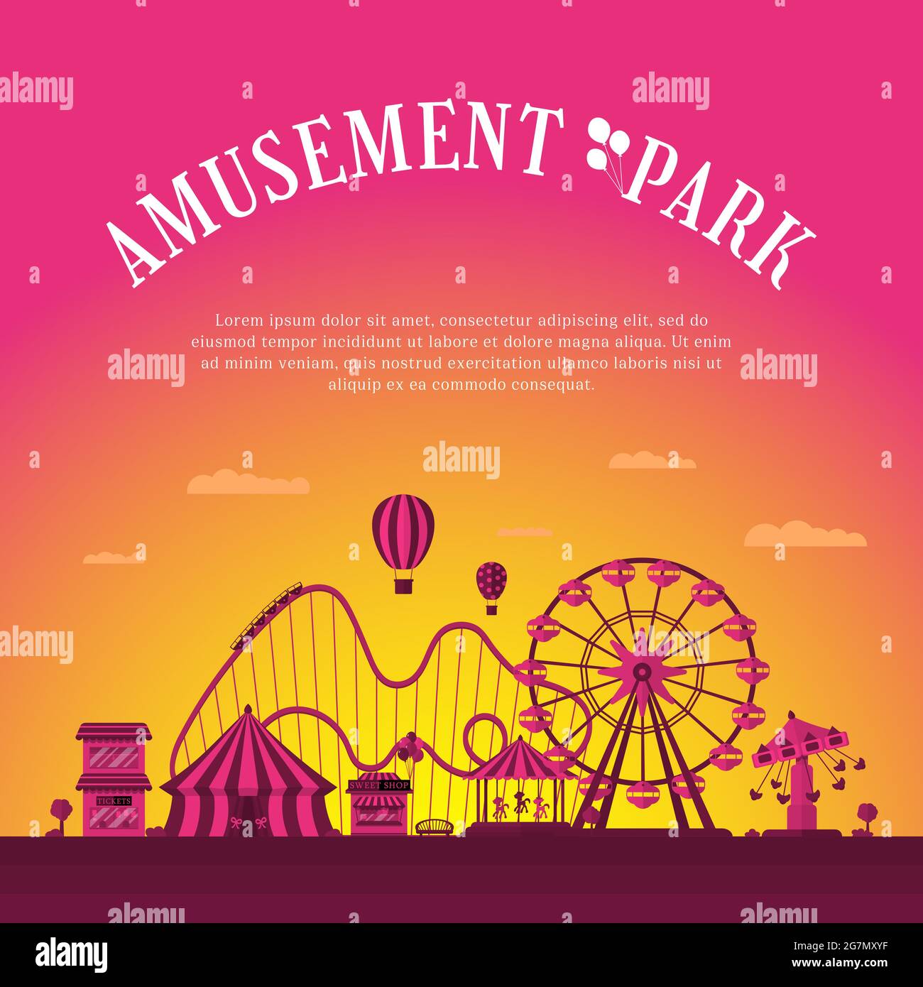 Amusement park banner design template. Circus carousels roller coaster and  attractions. Fun fair and carnival theme landscape. Ferris wheel and  merry-go-round festival poster vector eps illustration Stock Vector Image &  Art -