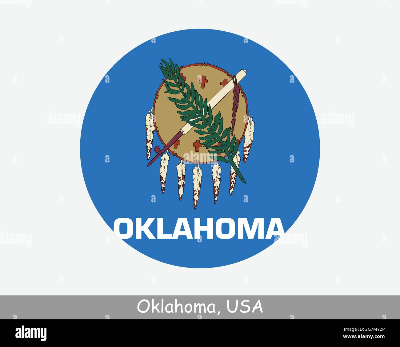 Oklahoma Round Circle Flag. OK USA State Circular Button Banner Icon. Oklahoma United States of America State Flag. Land of the Red Man, The Sooner St Stock Vector