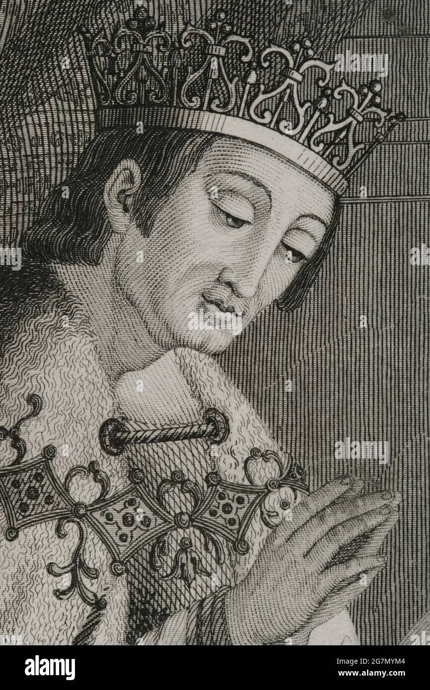 Alfonso VIII of Castile (1155-1214), called the Noble or the one of the Navas. King of Castile from 1159 and King of Toledo. Portrait, detail. Engraving by Antonio Roca. Las Glorias Nacionales, 1853. Author: Antonio Roca Sallent (1813-1864). Spanish engraver. Stock Photo