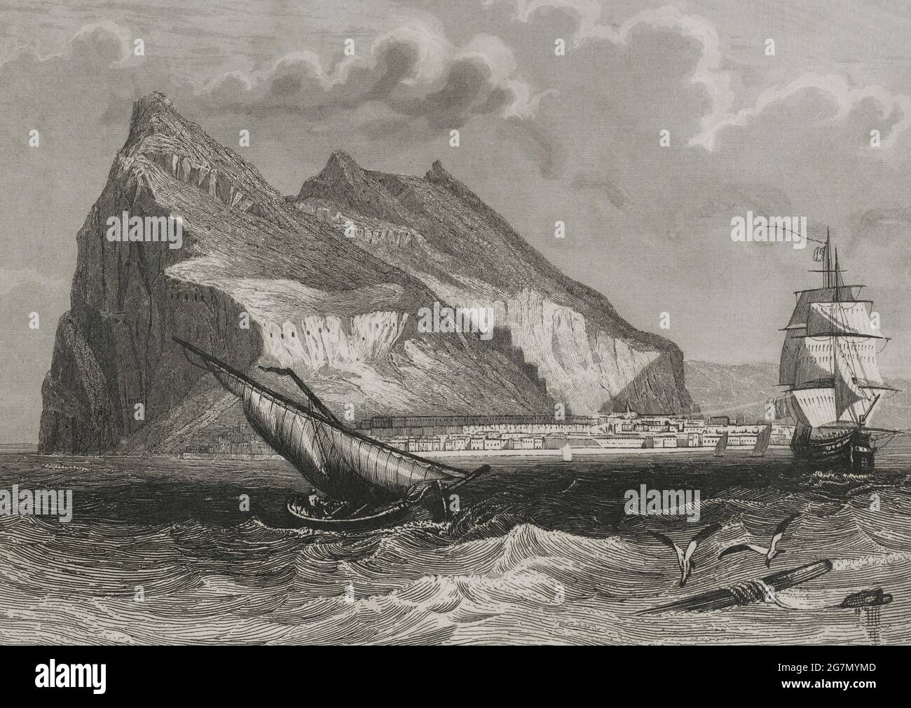 Gibraltar. General view. Engraving by Antonio Roca Sallent. Las Glorias Nacionales, 1853. Author: Antonio Roca Sallent (1813-1864). Spanish engraver. Stock Photo