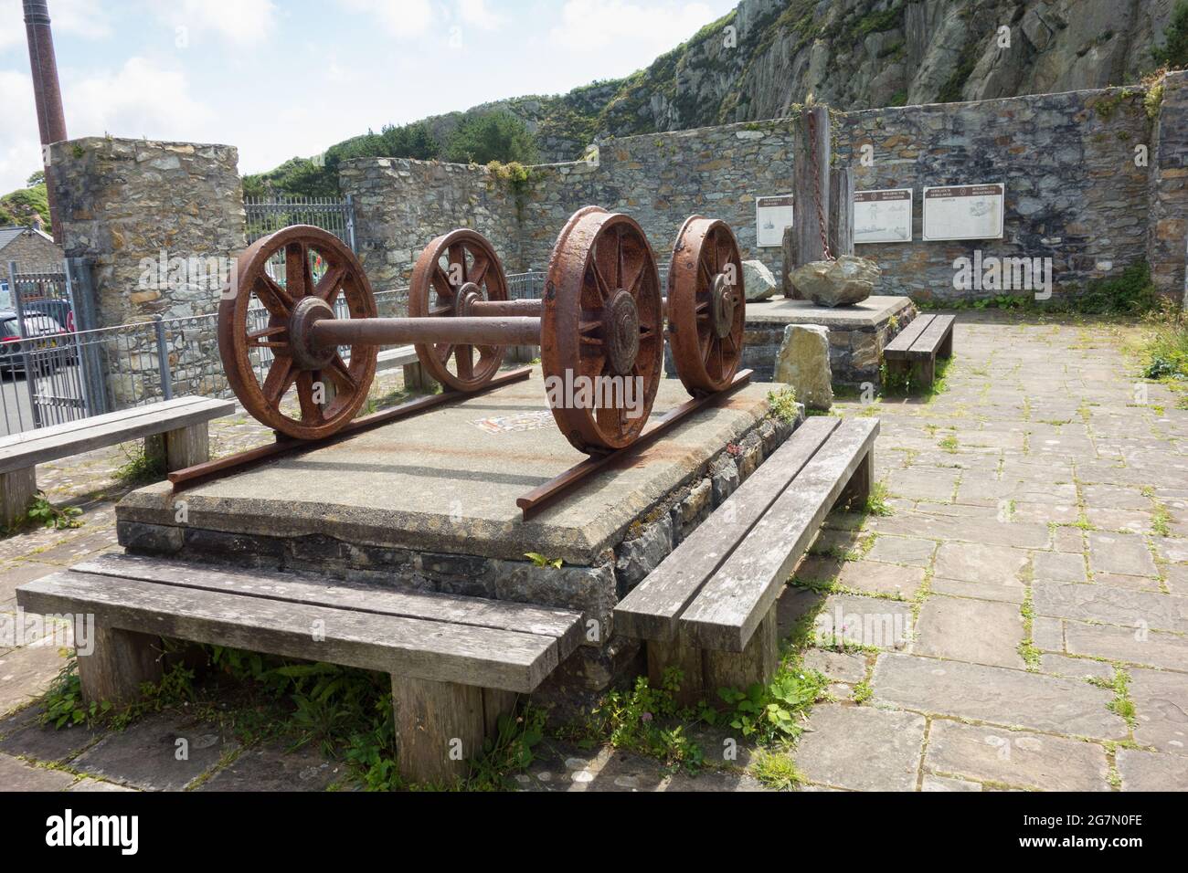 Train wheels used in the construction of the Holyhead Breakwater now on display in the Breakwater Country Park on Holy Island Anglesey Stock Photo