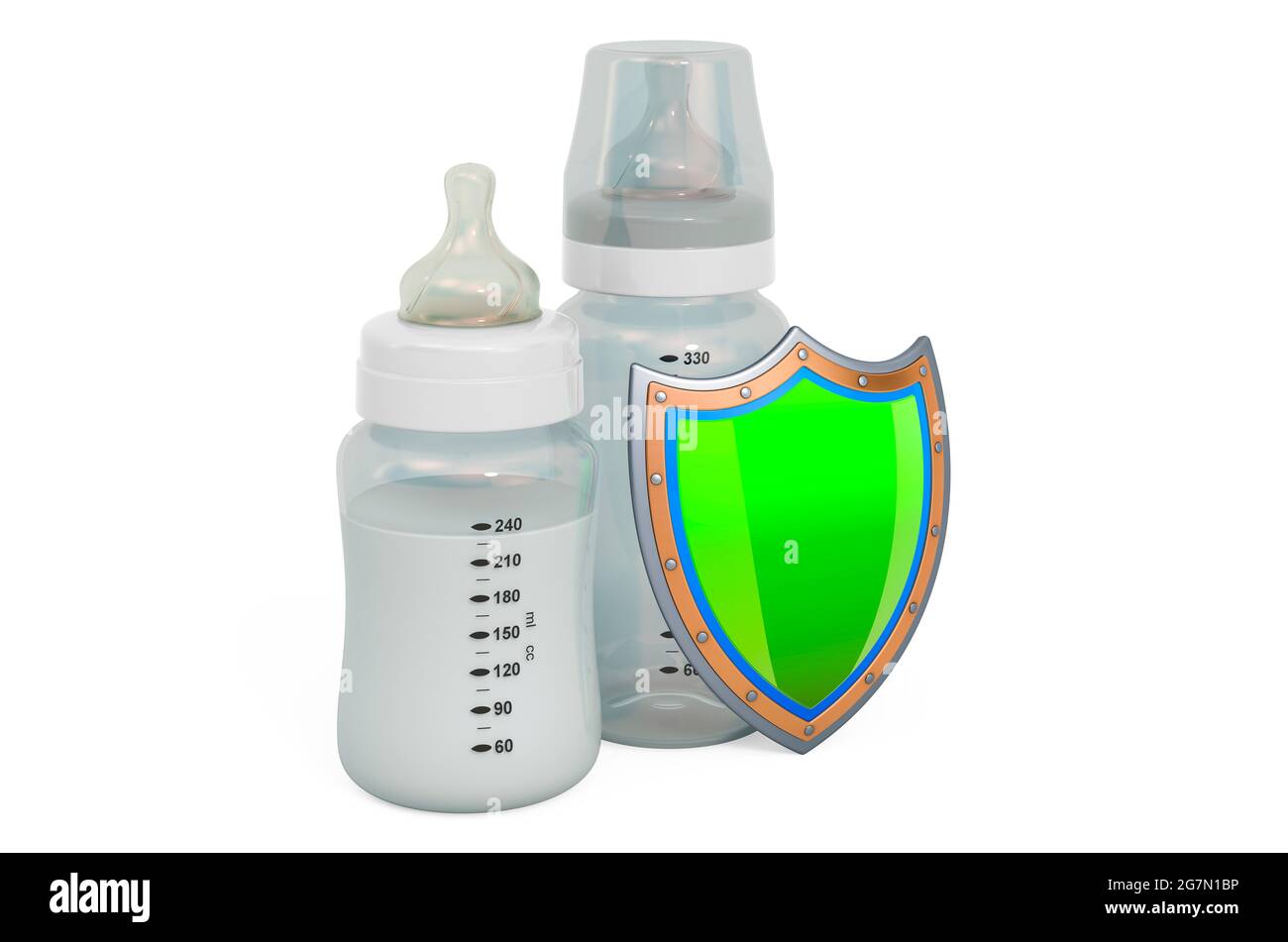 Baby bottles with shield, 3D rendering isolated on white background ...