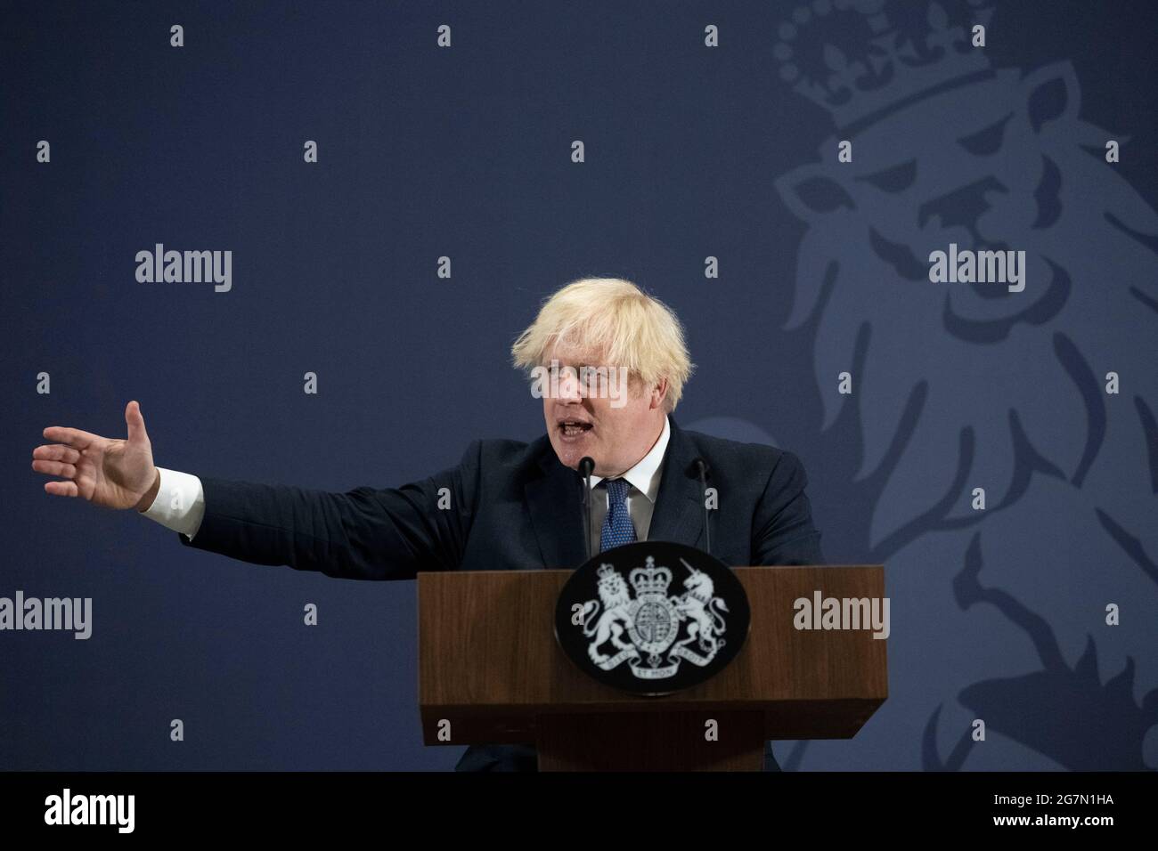 Prime Minister Boris Johnson speaking during a visit to the UK Battery Industrialisation Centre in Coventry where he insisted his levelling up agenda is "win win" and will not be a case of "robbing Peter to pay Paul" as tries to keep traditional Tories in the South on side. Picture date: Thursday July 15, 2021. Stock Photo
