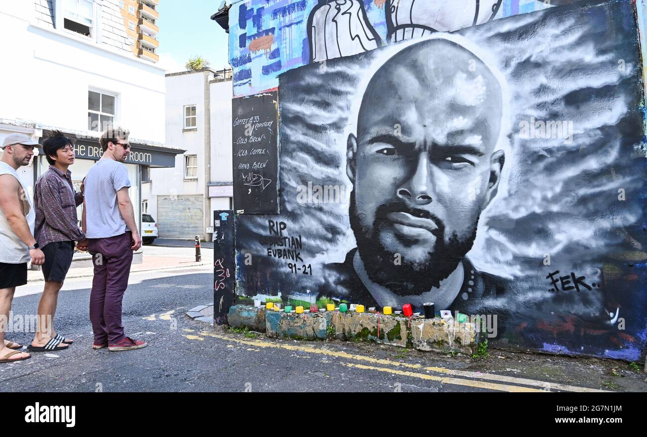 Brighton UK 15th July 2021 - A mural paying tribute to Sebastian Eubank in Brighton city centre . Sebastian Eubank the son of former World Champion boxer Chris Eubank and brother of Chris Eubank Jnr died recently of a heart attack while swimming in Dubai  : Credit Simon Dack / Alamy Live News Stock Photo