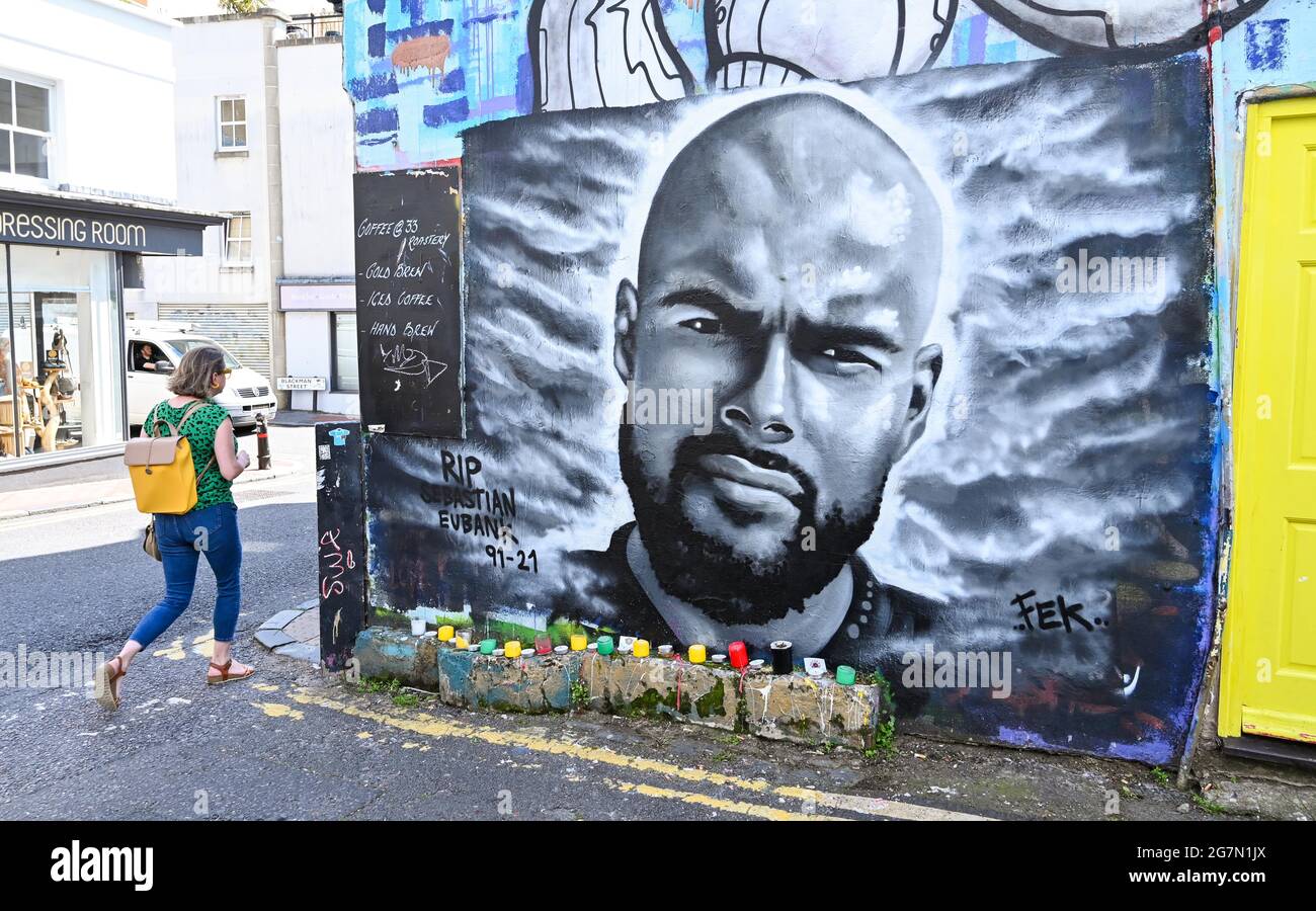 Brighton UK 15th July 2021 - A mural paying tribute to Sebastian Eubank in Brighton city centre . Sebastian Eubank the son of former World Champion boxer Chris Eubank and brother of Chris Eubank Jnr died recently of a heart attack while swimming in Dubai  : Credit Simon Dack / Alamy Live News Stock Photo