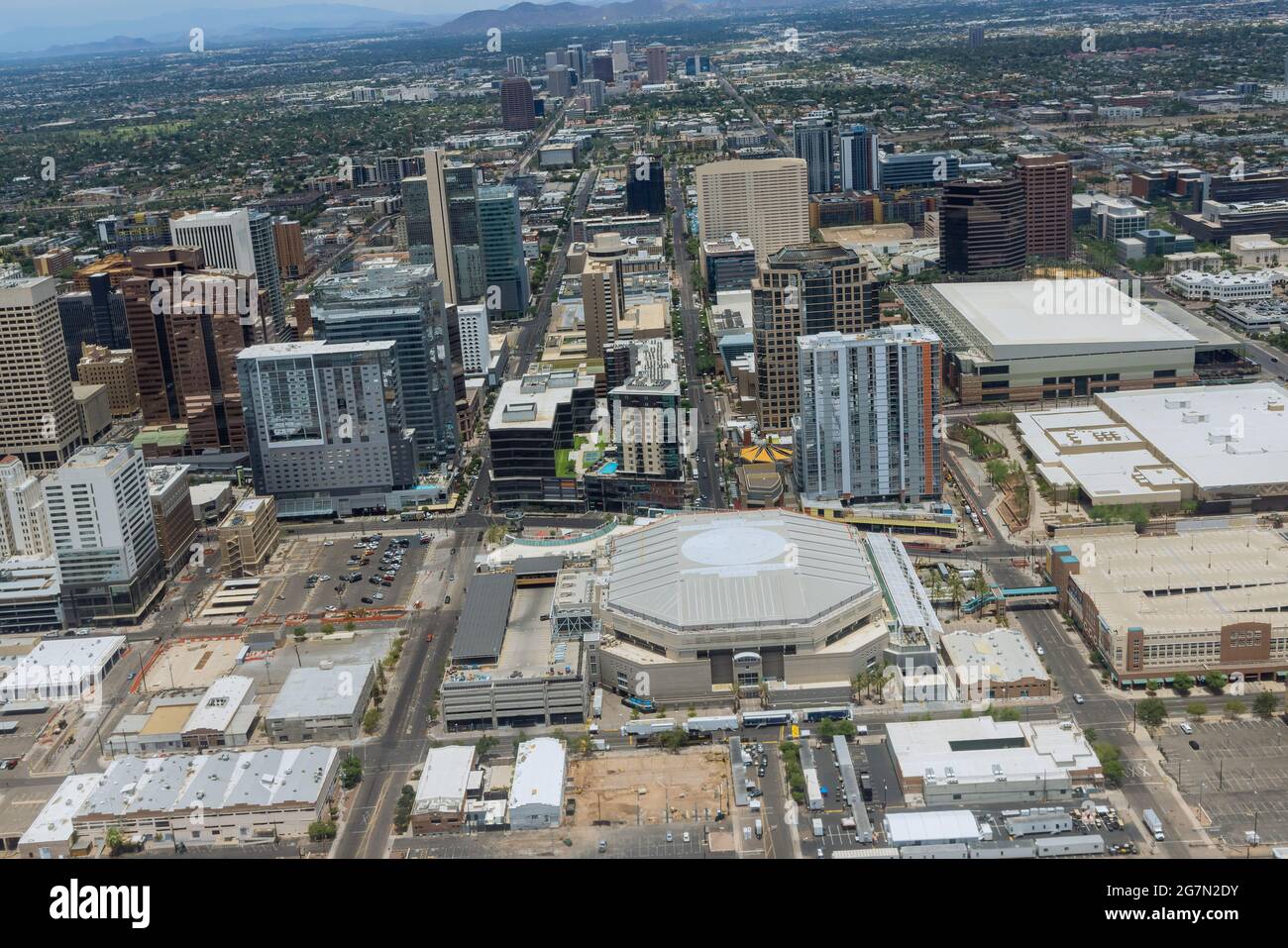 Aerial view of the growth of downtown Phoenix Arizona US looking west in the distance Stock Photo