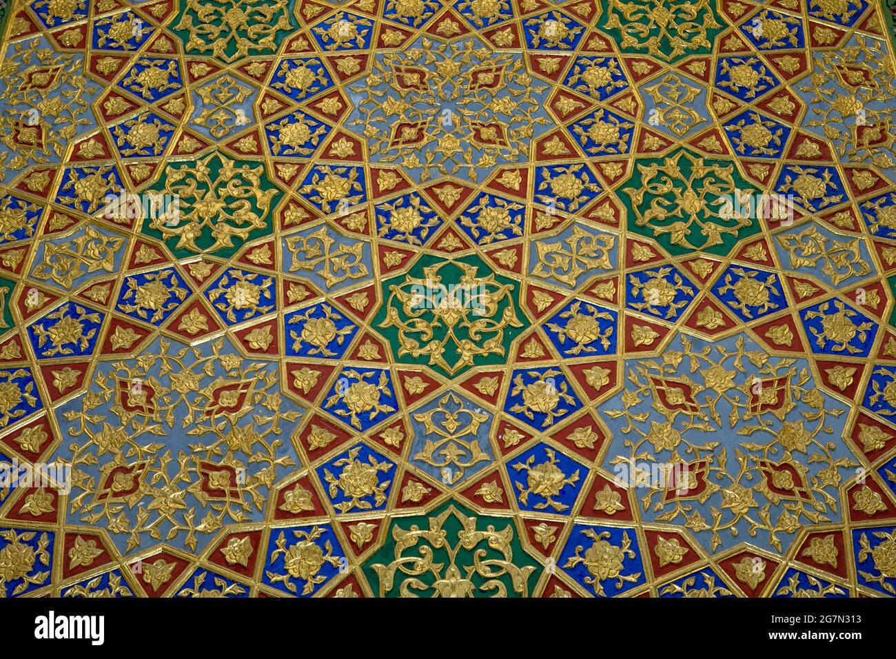 Wall coverings, Sitorai Mokhi-Khosa Palace, Emir's summer palace, Bukhara, Uzbekistan Stock Photo