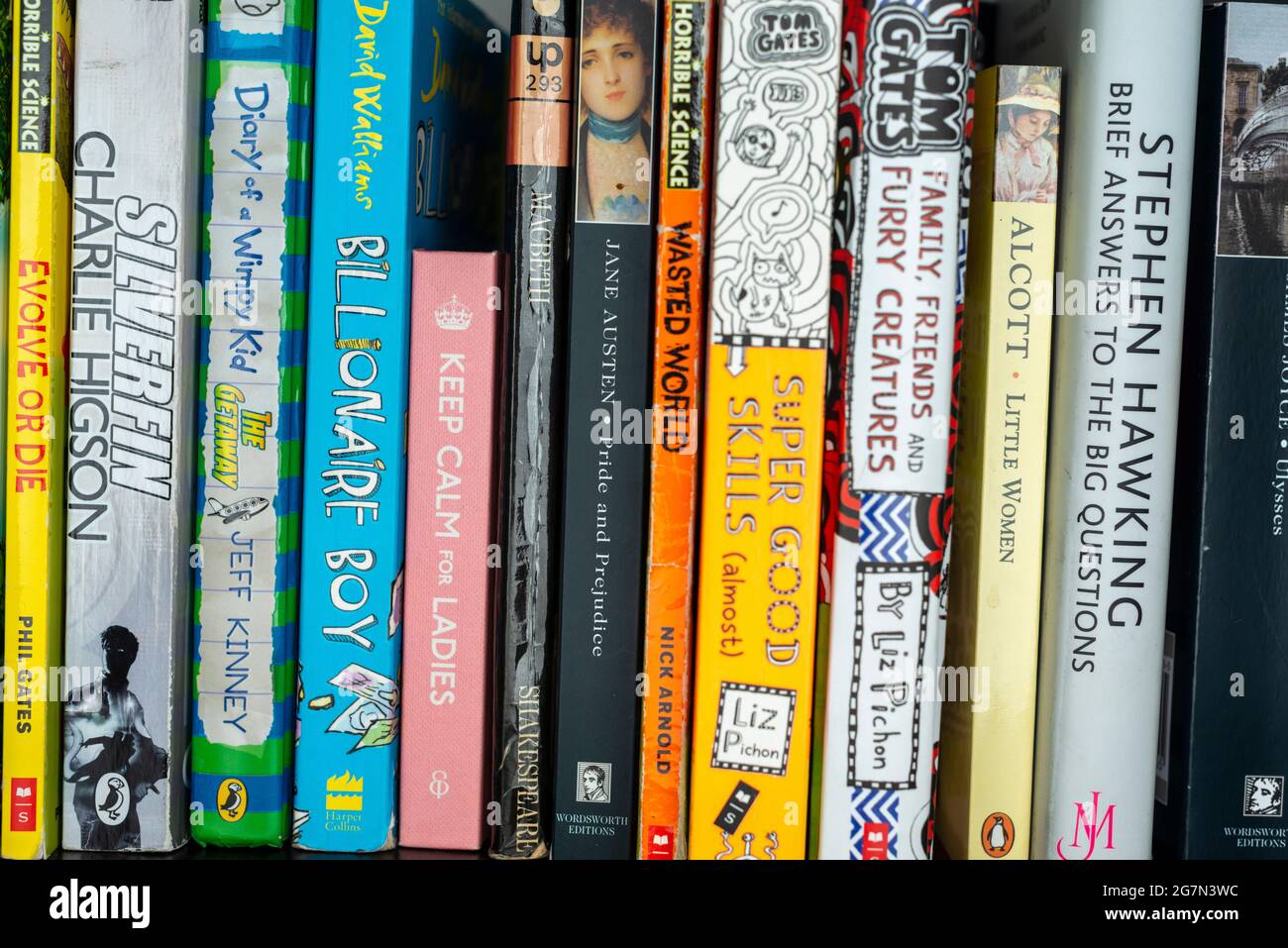 Books on bookshelf, English language Stock Photo
