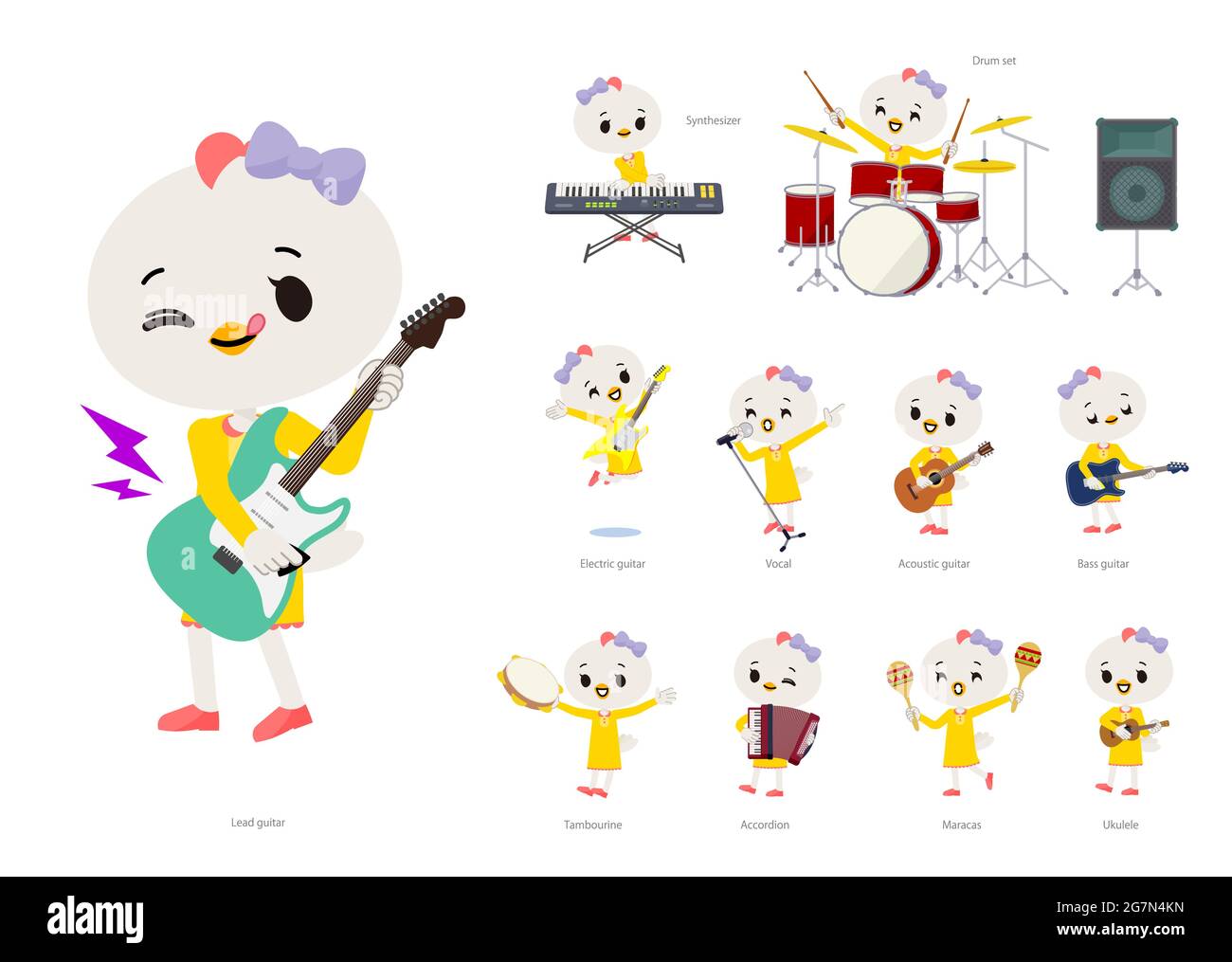 A set of Bird girl playing rock 'n' roll and pop music.It's vector art so it's easy to edit. Stock Vector