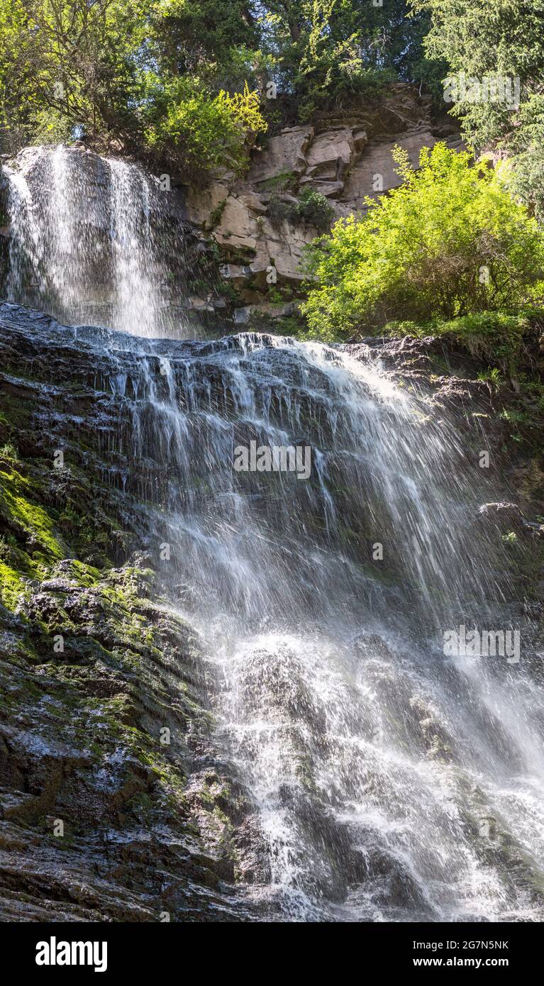 Devechi Kosy or Young Girls Braids Waterfall, due to the resemblance to braided hair, Djeti-Oguz Gorge, Karagat, Kyrgyzstan Stock Photo