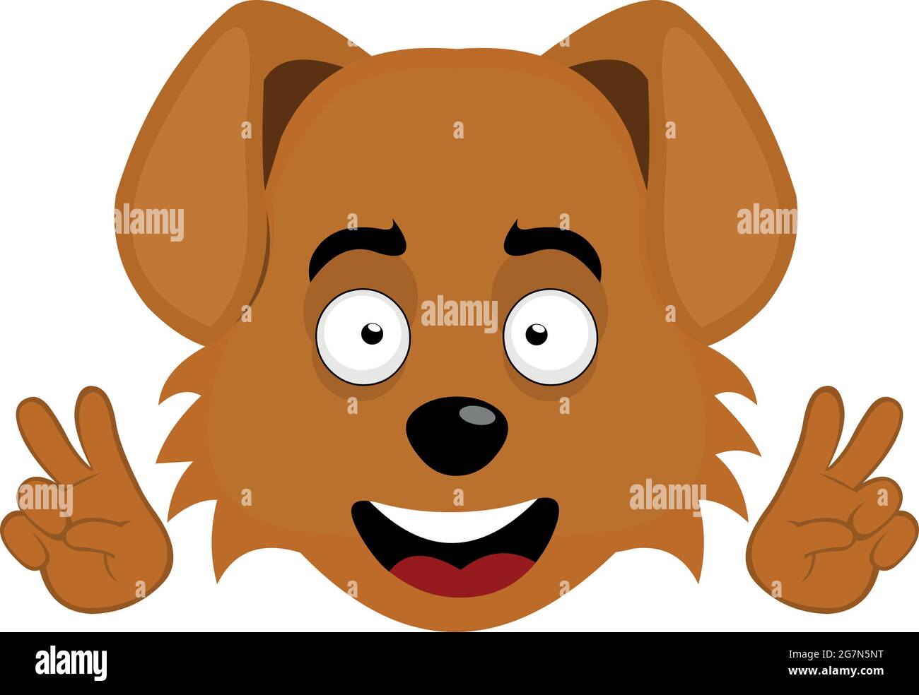 Vector emoticon illustration of a cartoon dog's face making the symbol of peace and love with his hands Stock Vector