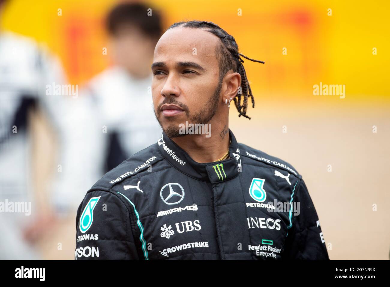 Silverstone, UK. 15th July, 2021. Lewis Hamilton (GBR) Mercedes AMG F1 - 2022 Car Launch. British Grand Prix, Thursday 15th July 2021. Silverstone, England. Credit: James Moy/Alamy Live News Stock Photo
