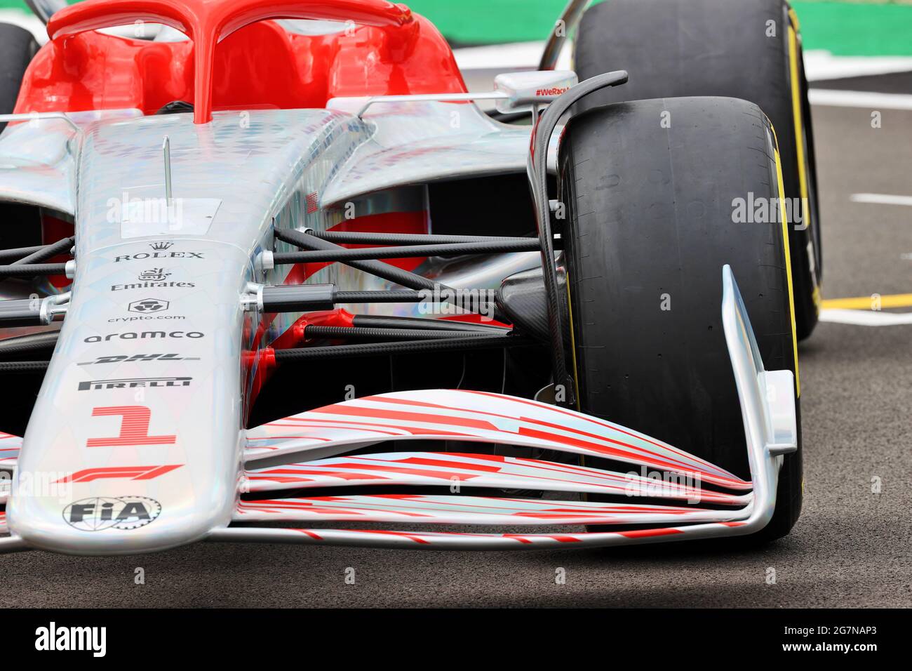 Silverstone, UK. 15th July, 2021. 2022 Car Launch - front wing detail. 15.07.2021. Formula 1 World Championship, Rd 10, British Grand Prix, Silverstone, England, Preparation Day. Photo credit should read: XPB/Press Association Images. Credit: XPB Images Ltd/Alamy Live News Stock Photo