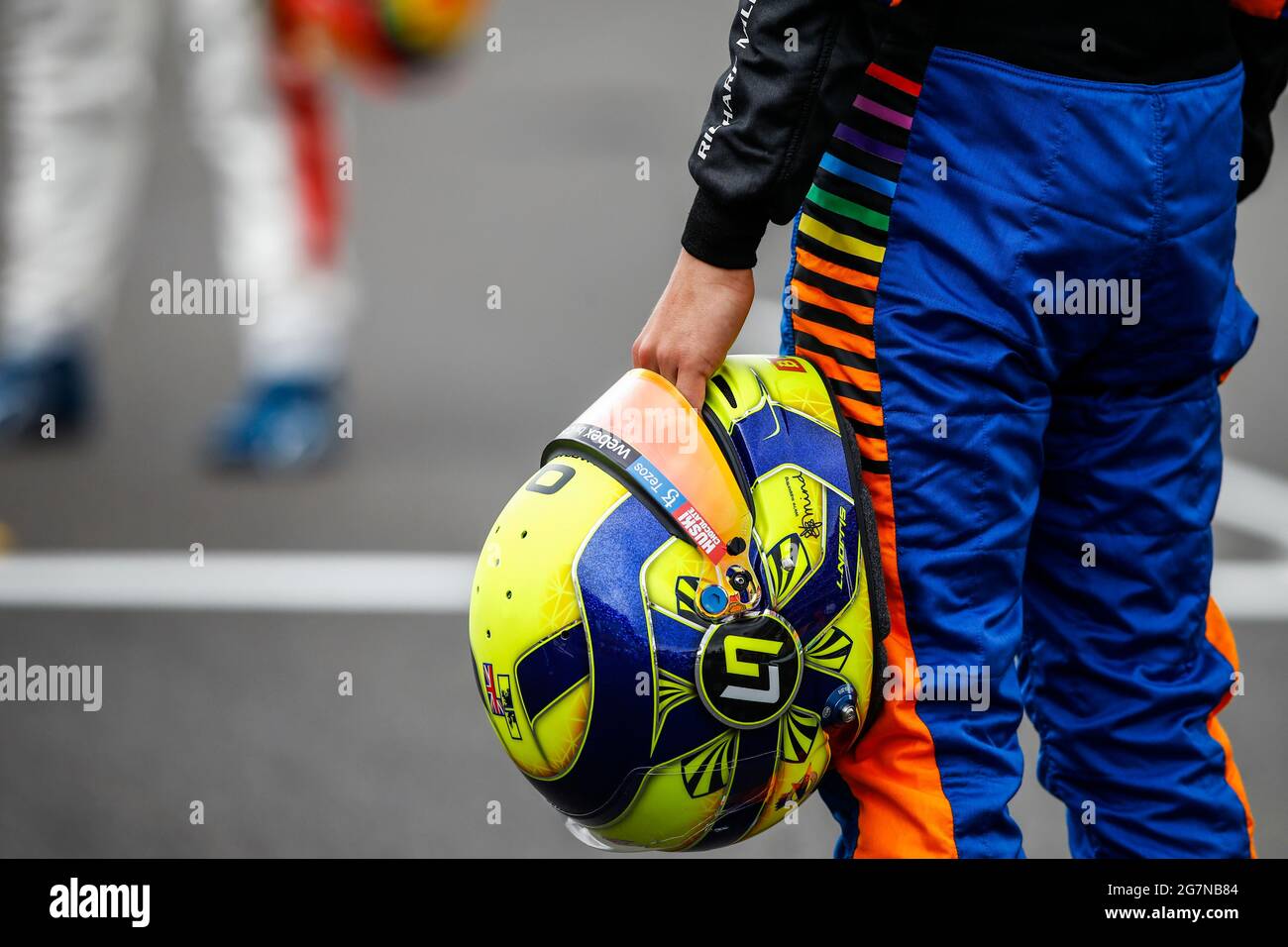 Helmet of # 4 Lando Norris (GBR, McLaren F1 Team) during reveal of the  prototype for the 2022 F1 season, F1 Grand Prix of Great Britain at  Silverstone Circuit on July 15,