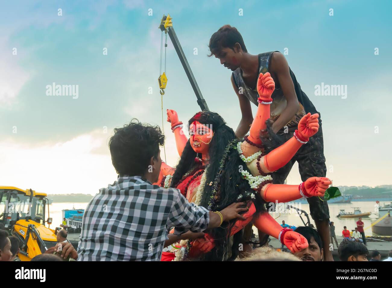 Kolkata, West Bengal, India - 30th September 2017 : Idol of Goddess Durga is being carried to river Ganges for immersion, at the end of Durga Puja fes Stock Photo