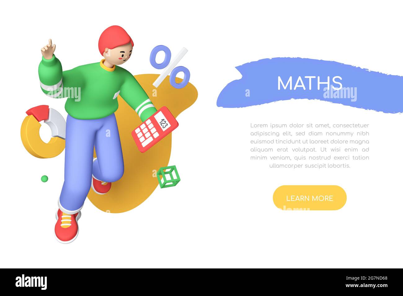 Maths - colorful 3D style banner with place for your text. Cartoon character. Attentive boy counts on a calculator. Importance of learning and solving Stock Photo