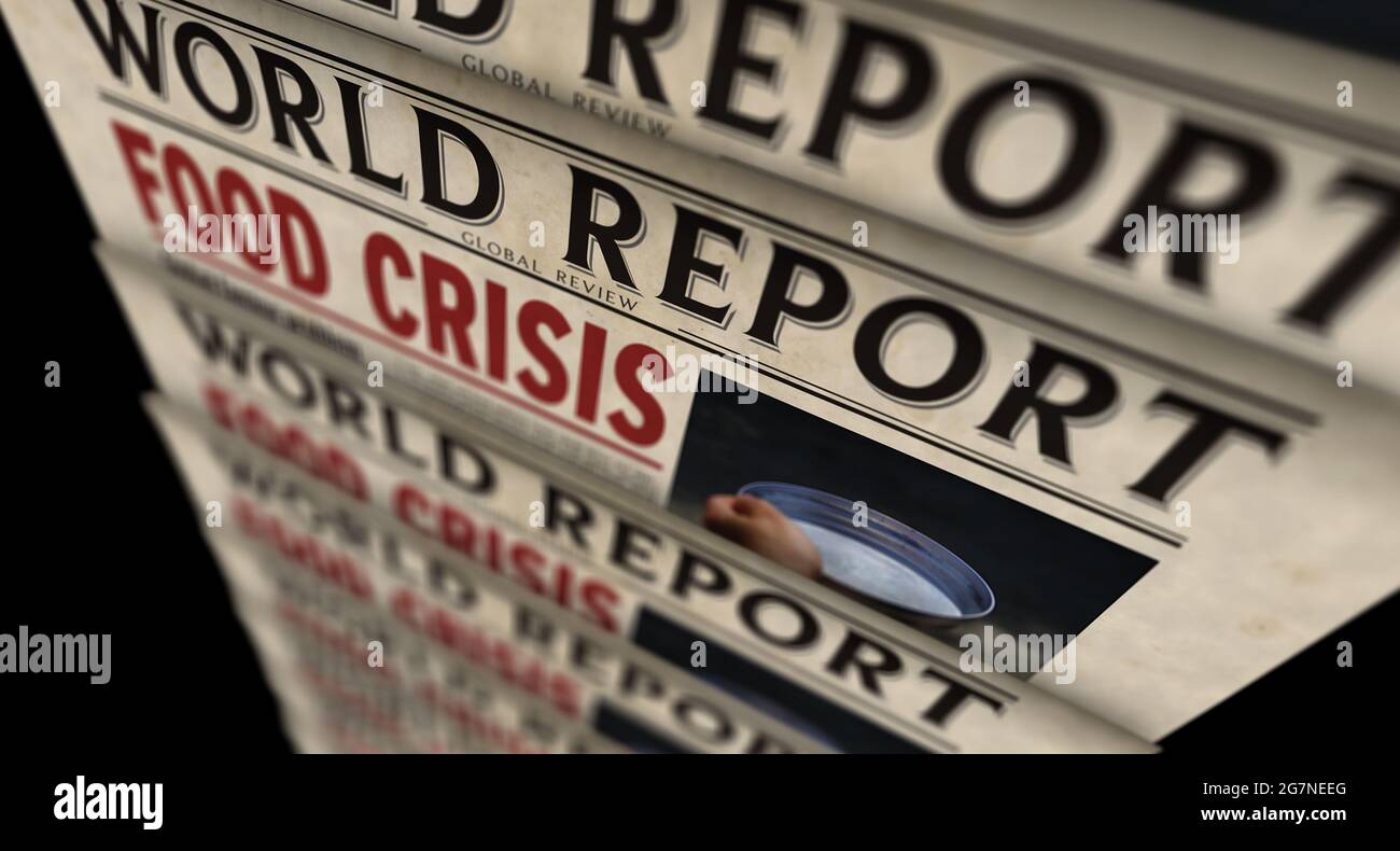 Food crisis news, famine and hunger disaster. Newspaper print. Vintage press abstract concept