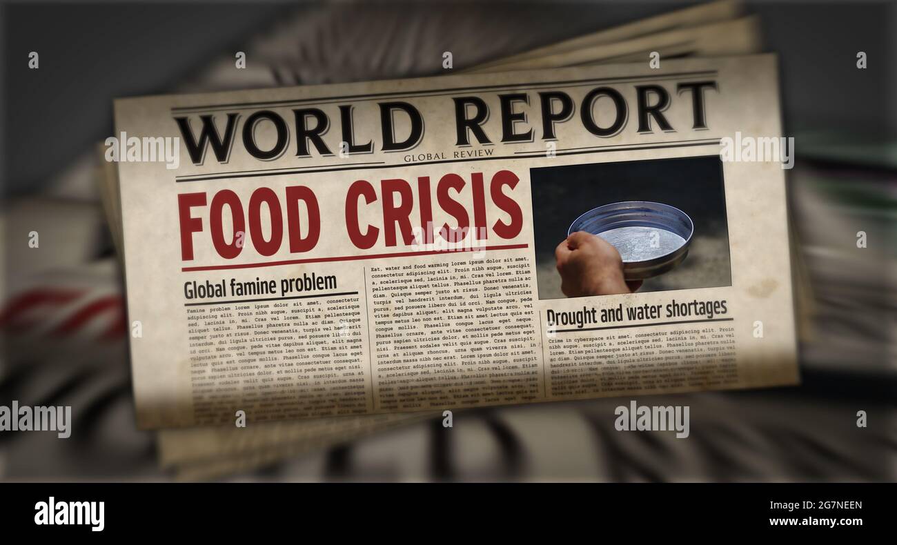 Food crisis news, famine and hunger disaster. Newspaper print. Vintage press abstract concept