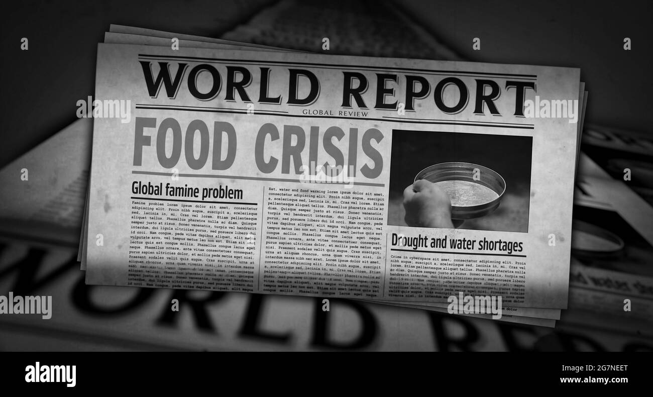 Food crisis news, famine and hunger disaster. Newspaper print. Vintage press abstract concept