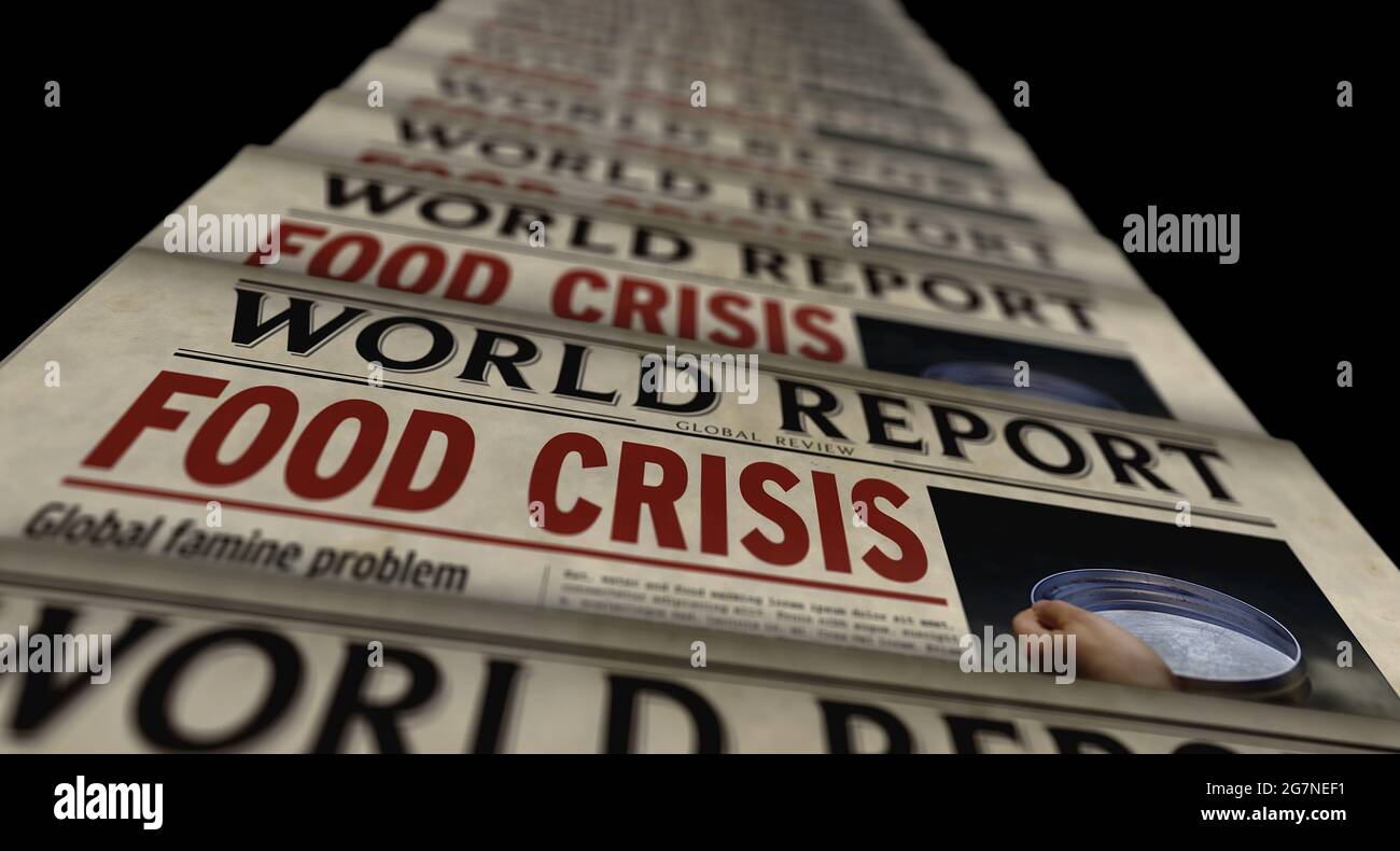 Food crisis news, famine and hunger disaster. Newspaper print. Vintage press abstract concept