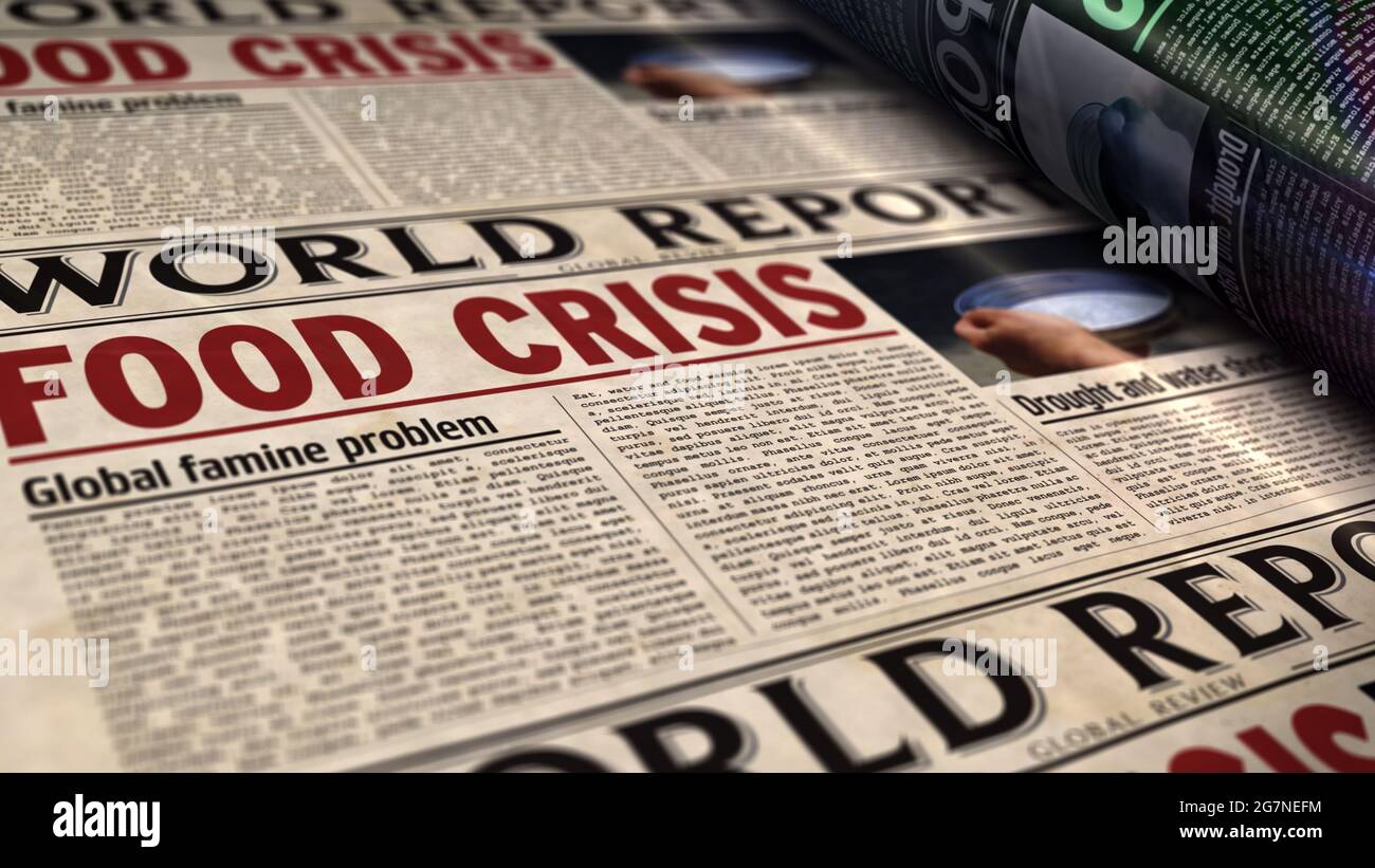 Food crisis news, famine and hunger disaster. Newspaper print. Vintage press abstract concept