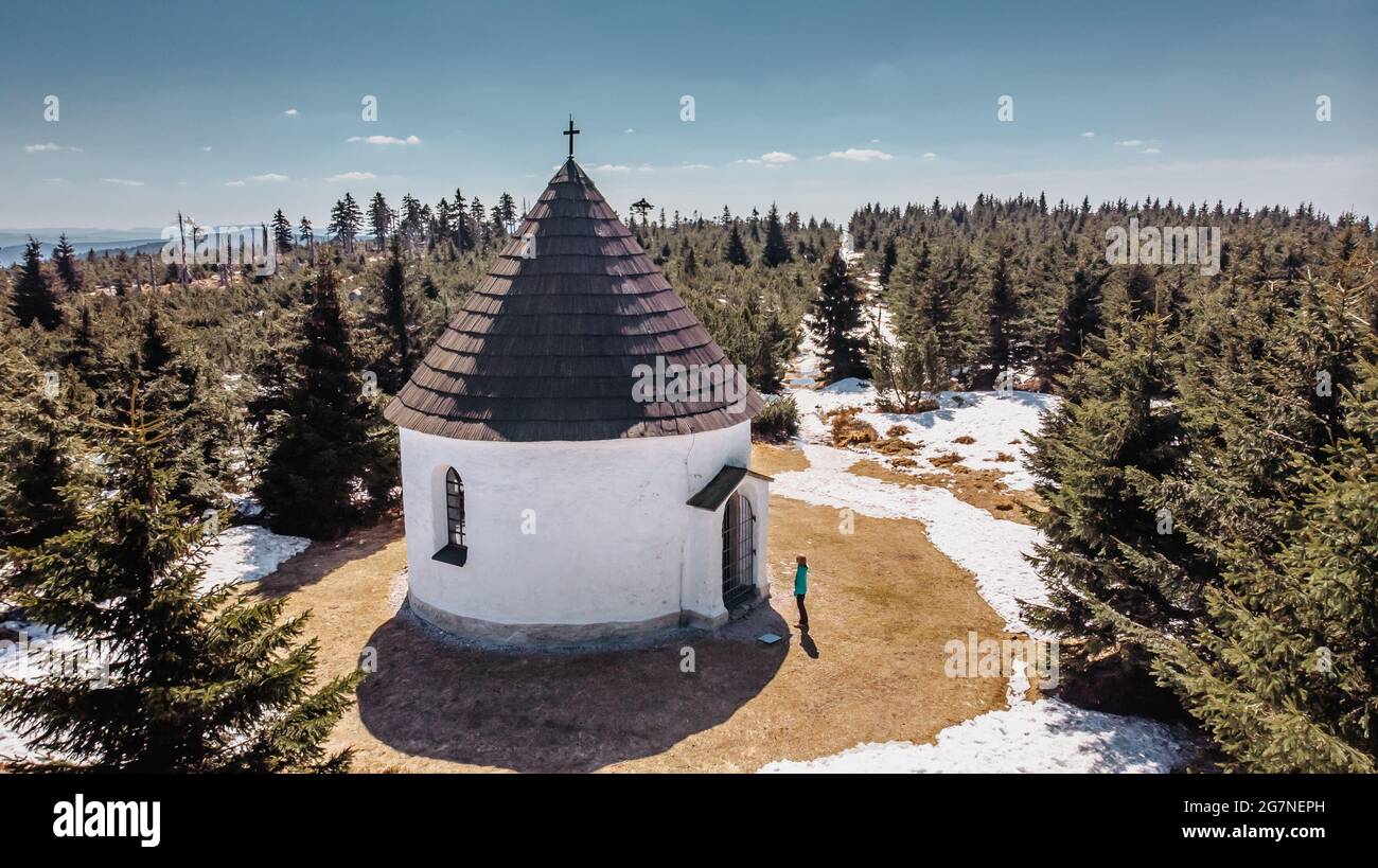 Aerial view of baroque Chapel of the Visitation of Virgin Mary,Kunstat Chapel, located in Eagle Mountains,Czech Republic.Circular floor plan and roof Stock Photo