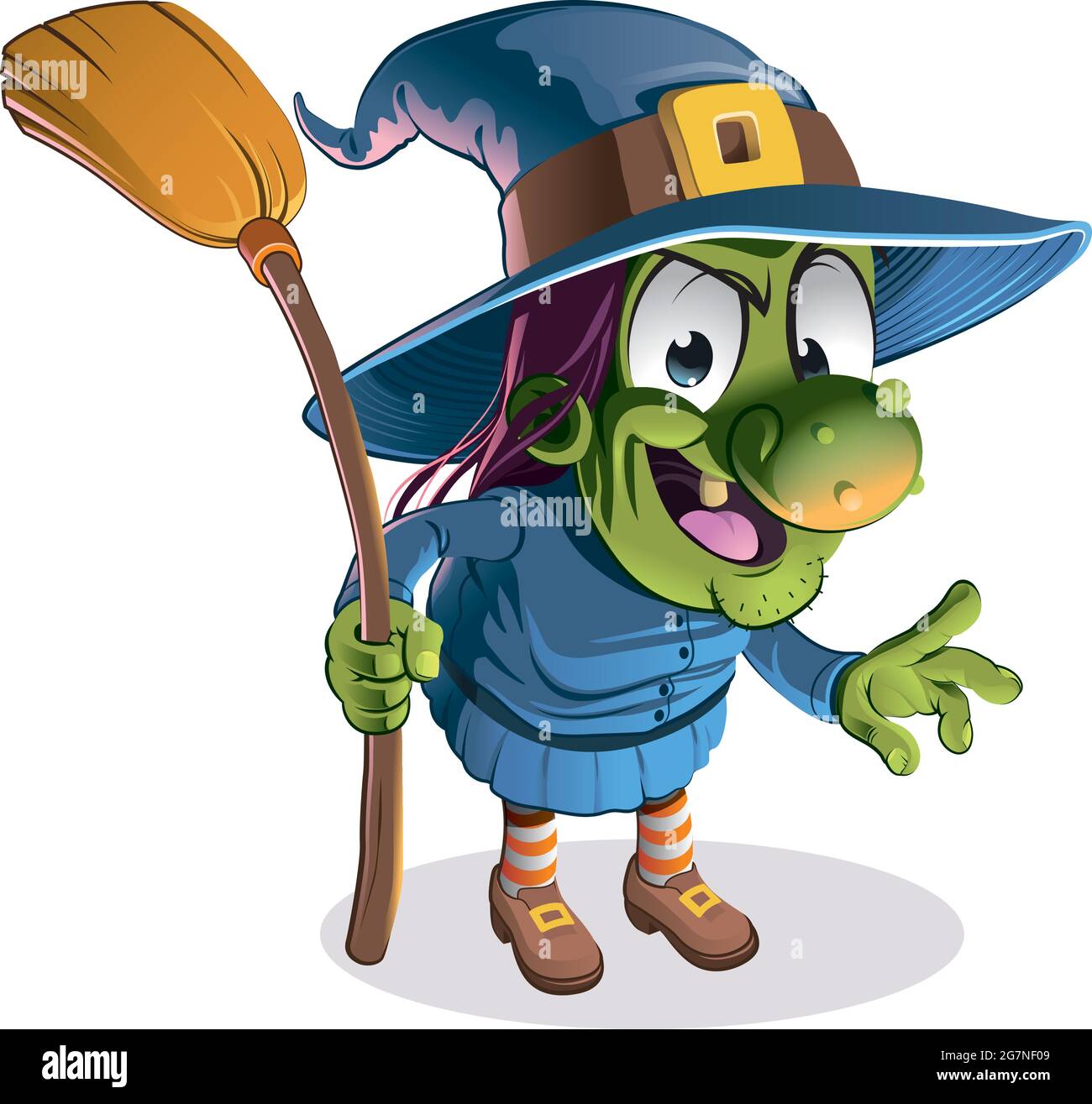Cartoon illustration of a funny witch holding a broom and making a