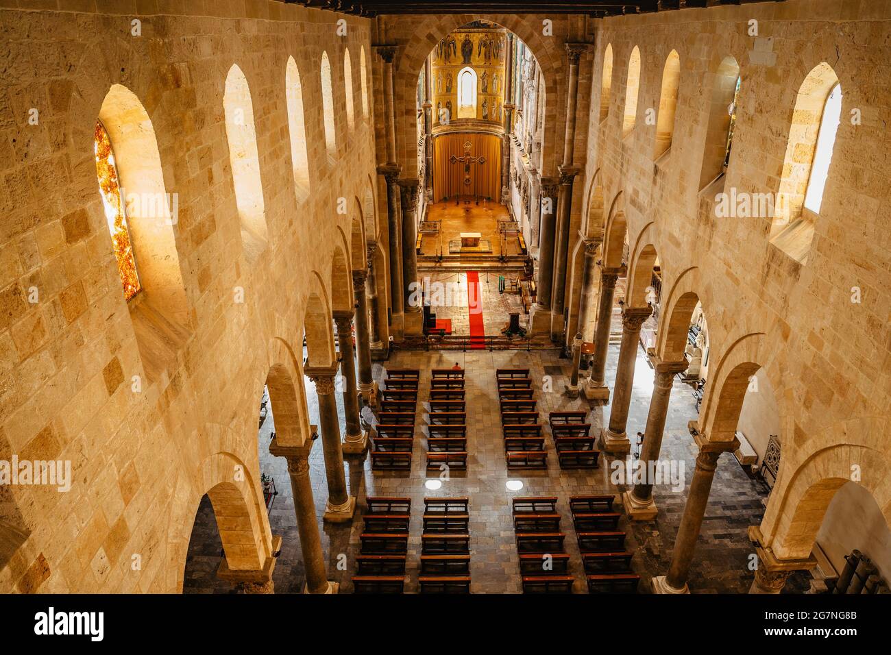 Cefalu,Sicily-June 6, 2021.Roman Catholic basilica,Duomo, decorated in Byzantine mosaic.Decorative art of Christ Pantokrator.Famous UNESCO Heritage Stock Photo