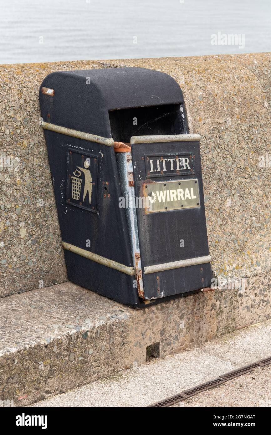 Wirral Council litter bin on the Ian Fraser Walk promenade, New