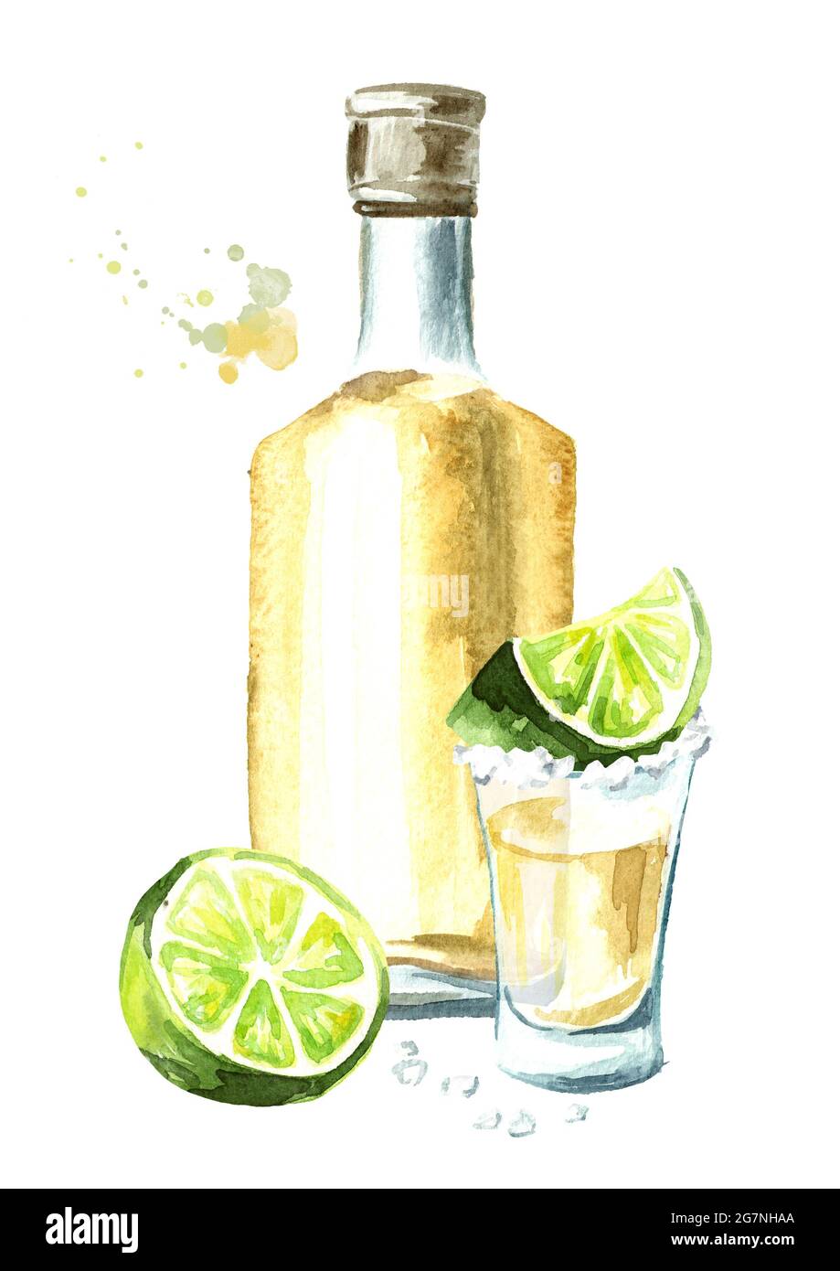 Alcohol drink Tequila, yellow bottle of mexican cactus booze, full shot glass with slice of lime