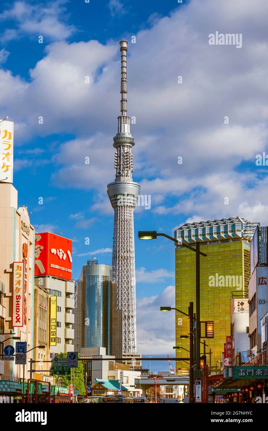 View ofthe famous Tokyo Skytree Tower and Sumida District skyscrapers from Asakusa Stock Photo