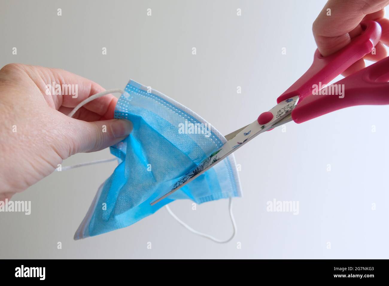 Hands of a mature adult taking a pair of scissors to a blue face mask Stock Photo