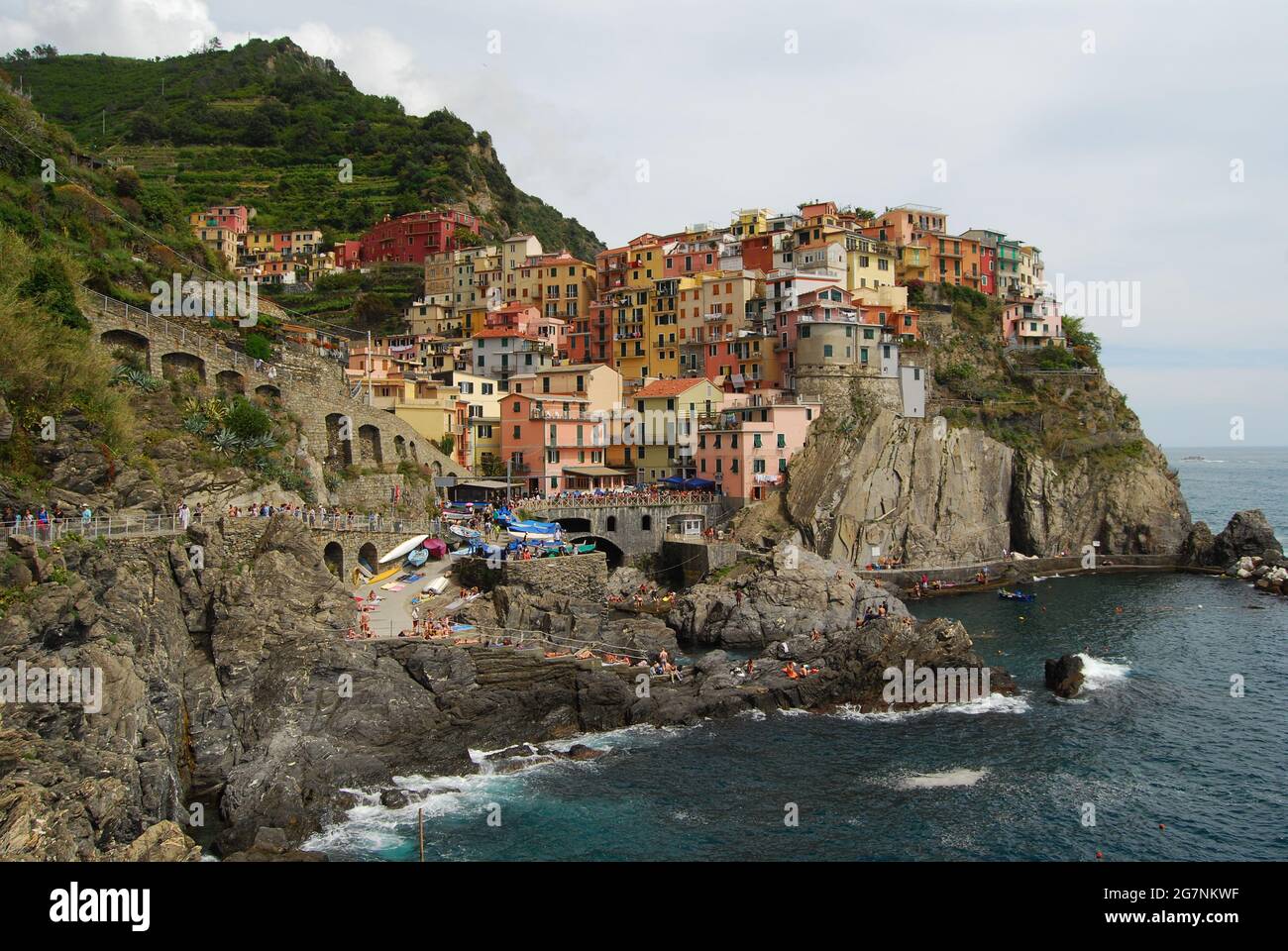 Cinque Terre Italy: Monterosso, Vernazza, Corniglia, Manarola and Riomaggiore. The Cinque Terre, five towns, is a string of five fishing villages. Stock Photo