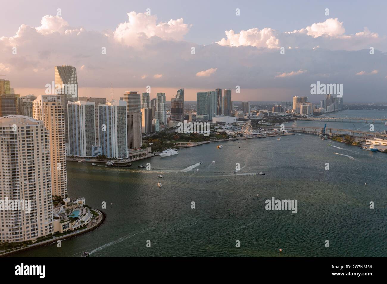 Drone Helicopter View of Miamia Beach above Highrises and Condos Stock Photo