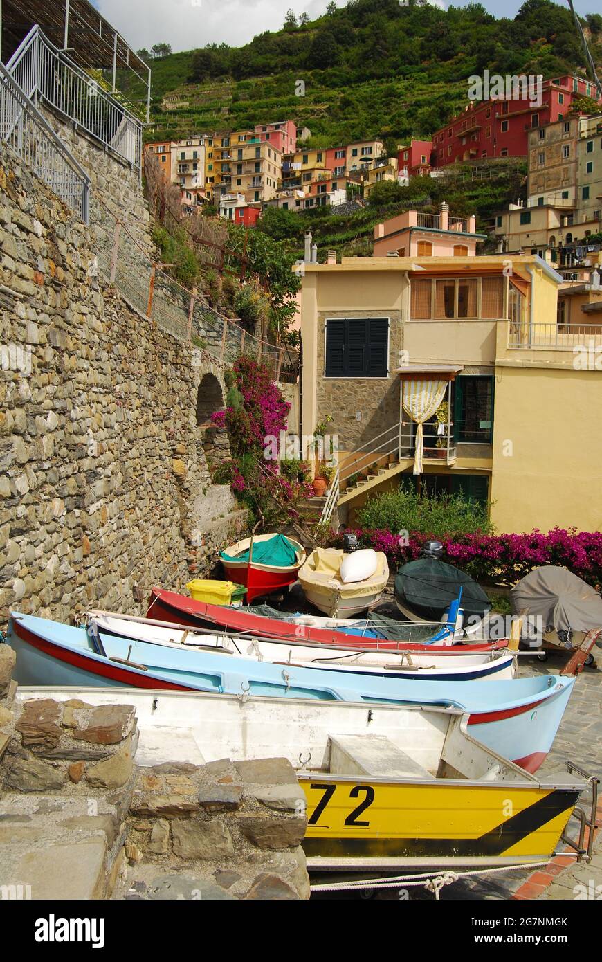 Cinque Terre Italy: Monterosso, Vernazza, Corniglia, Manarola and Riomaggiore. The Cinque Terre, five towns, is a string of five fishing villages. Stock Photo