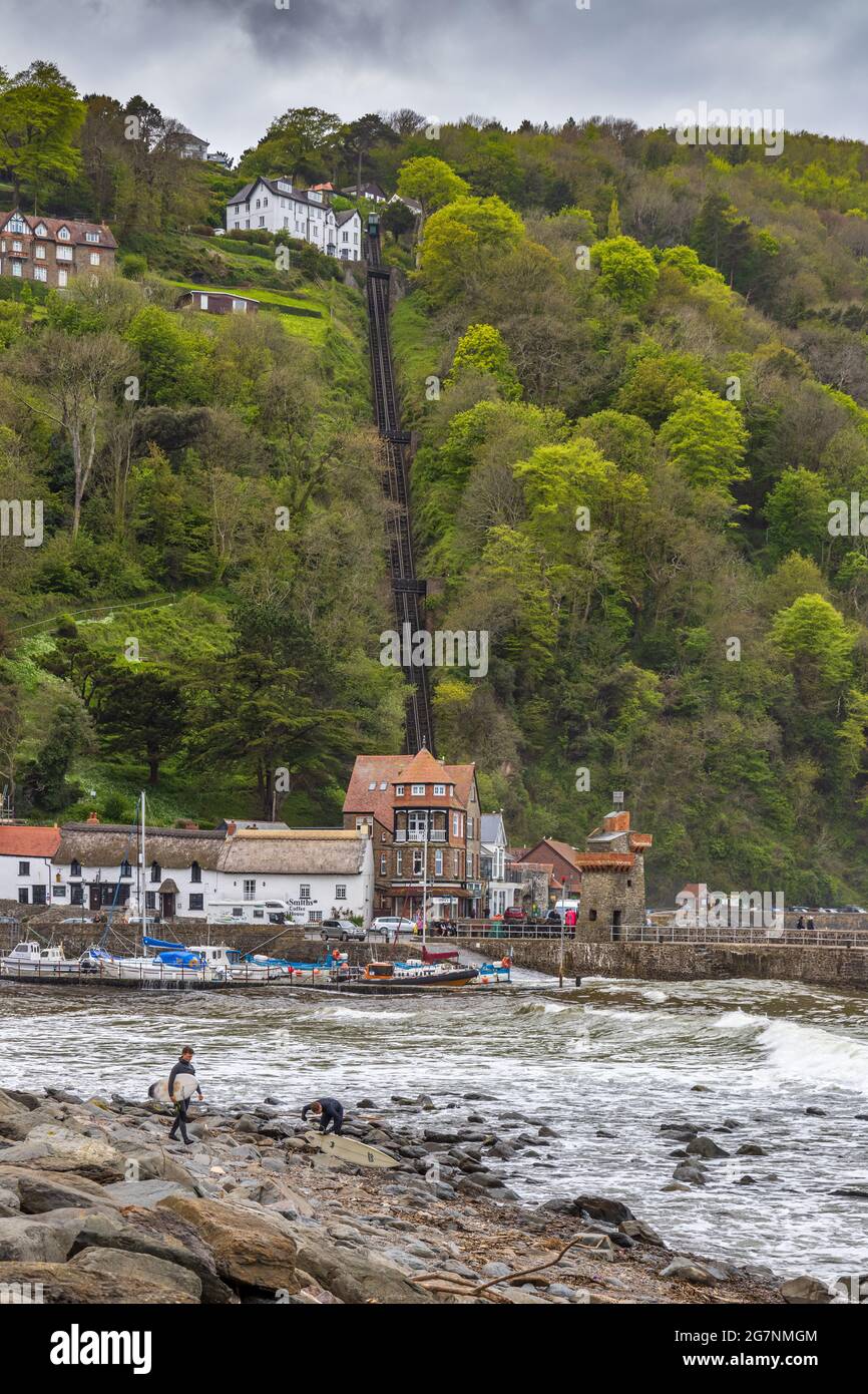 The Lynton and Lynmouth Cliff Railway is a water-powered funicular railway joining the twin towns of Lynton and Lynmouth in North Devon, England. Stock Photo