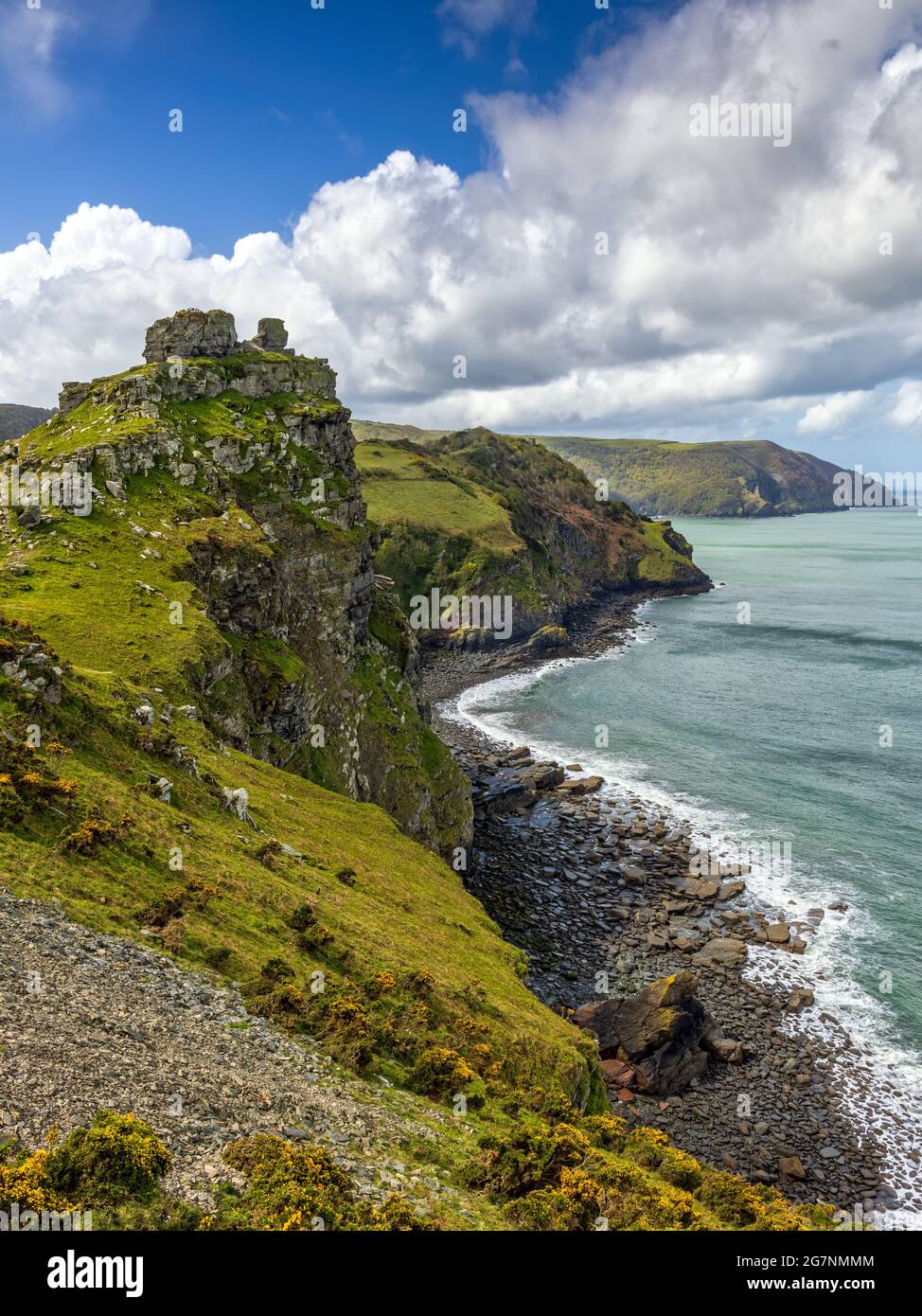 Wringcliff Bay near Castle Rock, Valley of the Rocks in the Exmoor National Park near Lynton, captured from the South West Coast Path. Stock Photo