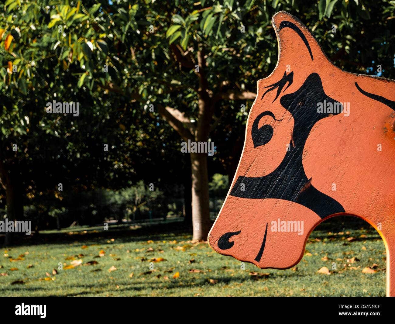 wooden head of a rocking horse in a children's playground Stock Photo