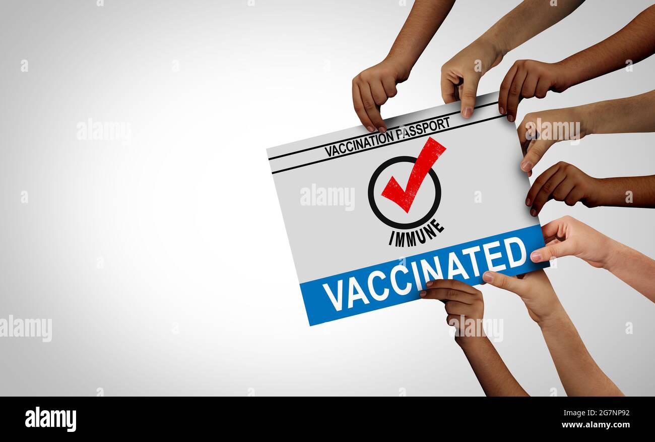 Vaccinated society and immune people due to taking the first dose and second booster medicine as a community with a vaccination stamp as a vaccine. Stock Photo