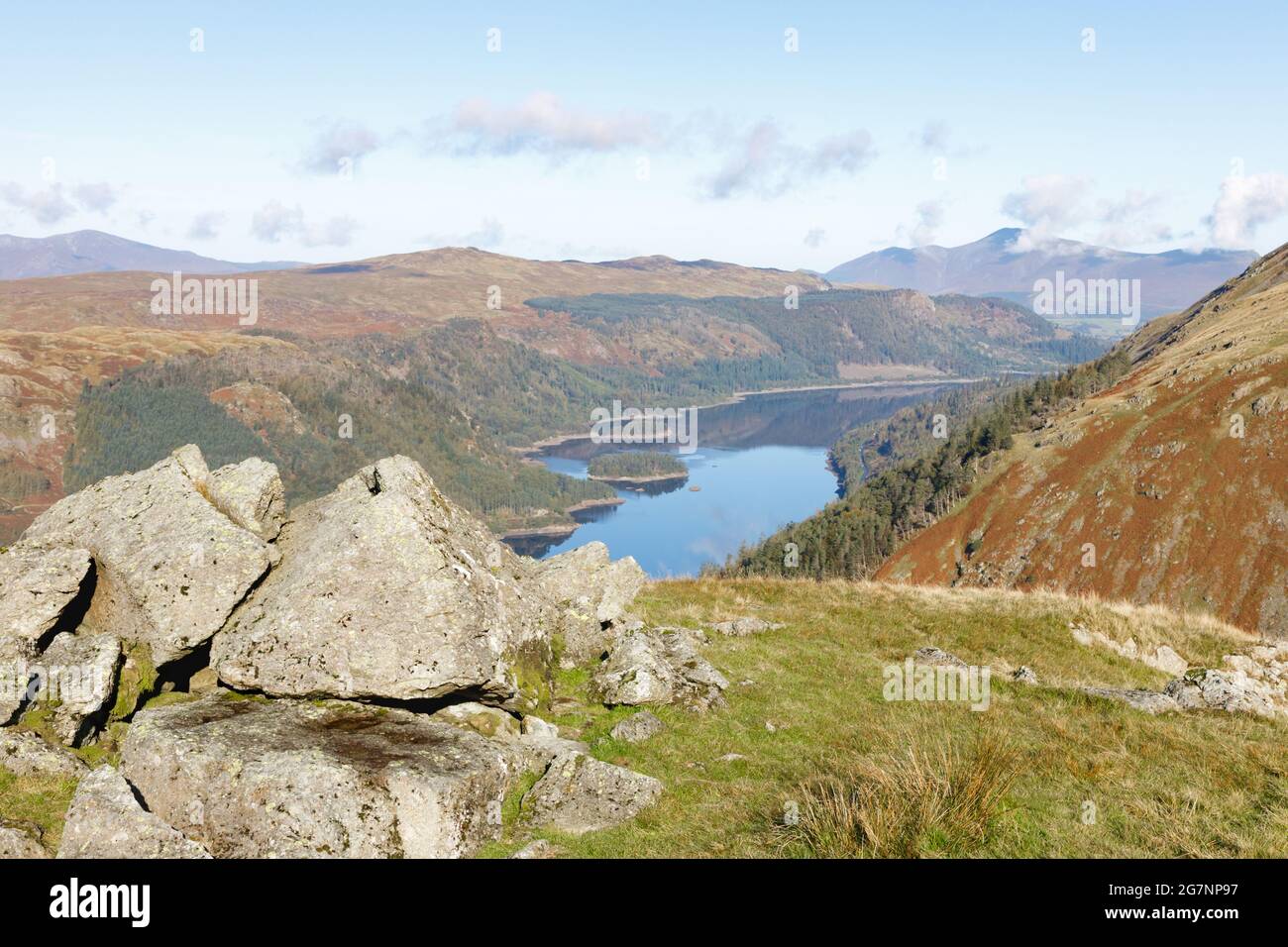 Allerdale, Cumbria, UK, September 29th 2020: Thirlmere reservoir from Comb Rocks looking north with Blencathra in the background. Stock Photo