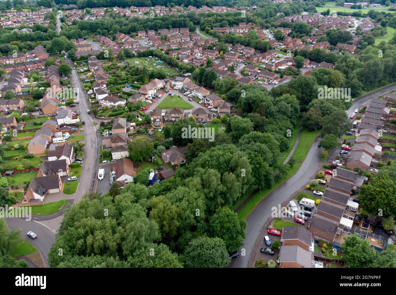 An aerial view of  homes in Redditch, Worcestershire, England showing streets and houses.  Image taken by CAA qualified drone pilot. Stock Photo