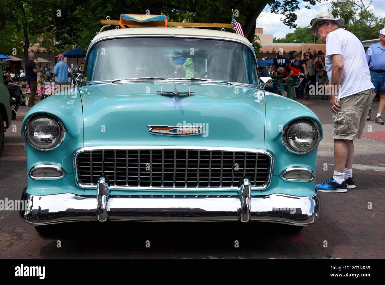 A 1956 Chevrolet station wagon on display at a Fourth of July car show in Santa Fe, New Mexico. Stock Photo