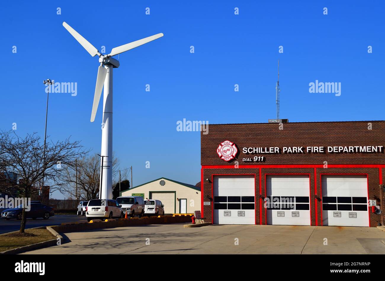 Schiller Park, Illinois, USA. Towering over a fire Department station
