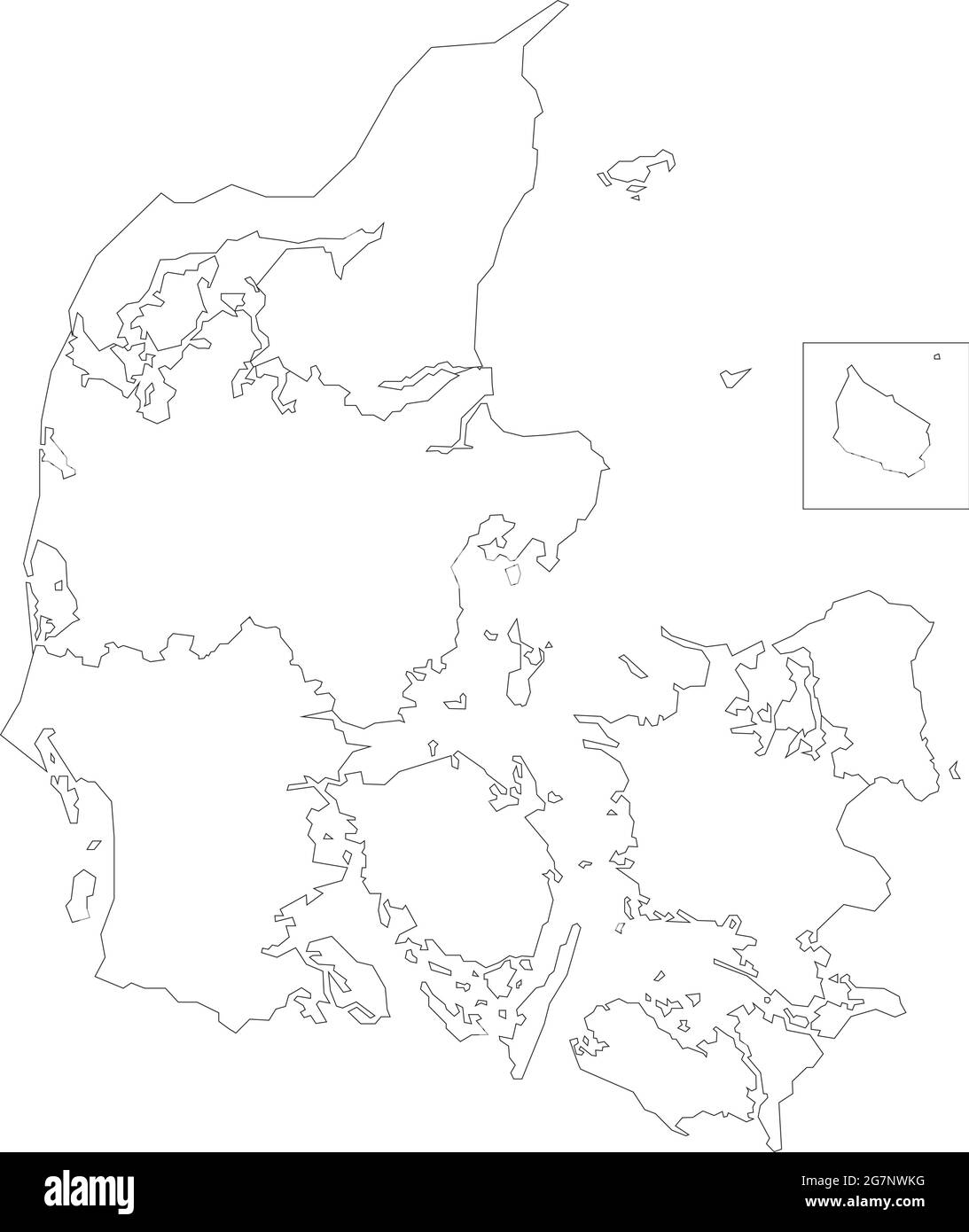 Vector map of Denmark to study colorless with outline, black and white Stock Vector