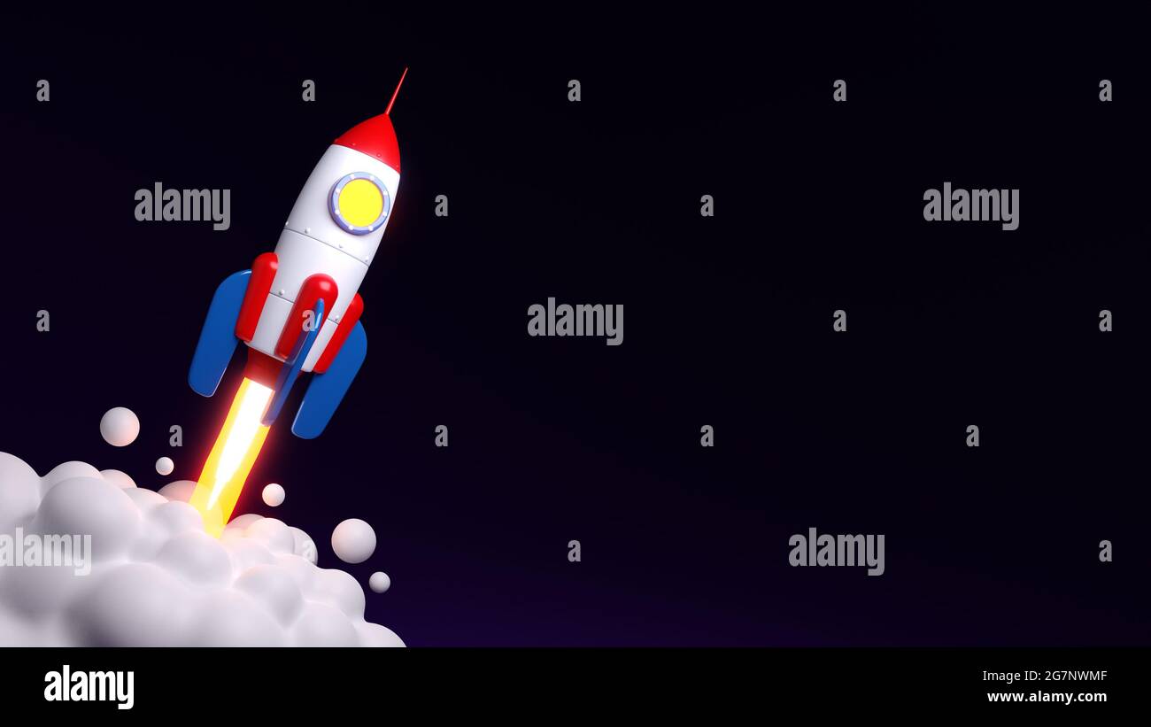 Rocket. Space rocket launch. Project start up. Flying cartoon
