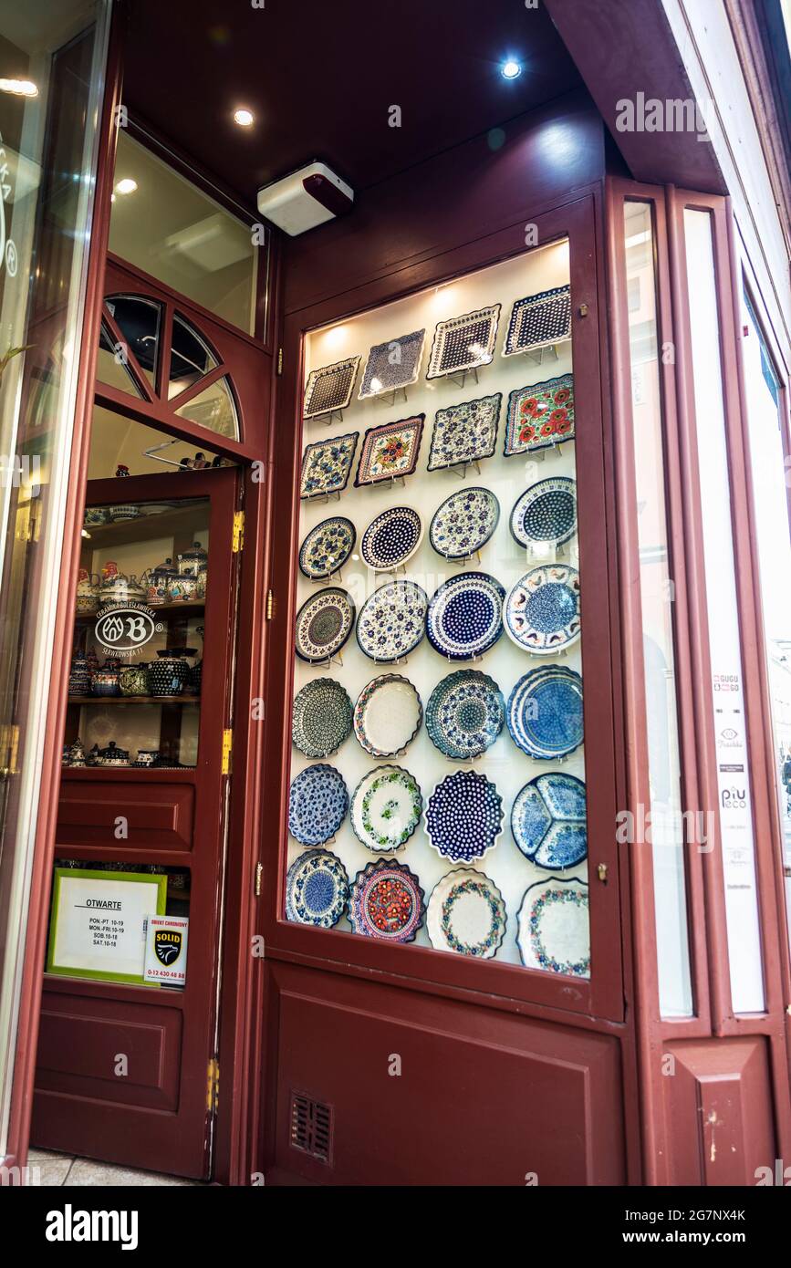 Krakow, Poland - August 28, 2018: Display of a Original polish pottery shop in the Slawkowska Street, shopping street in Krakow, Poland Stock Photo
