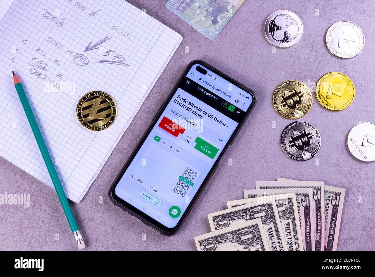 Bitcoin, Litecoin and other coins are already on the table. Dollar and Euro.  Mobile financial application. notebook with notes and pen Stock Photo -  Alamy
